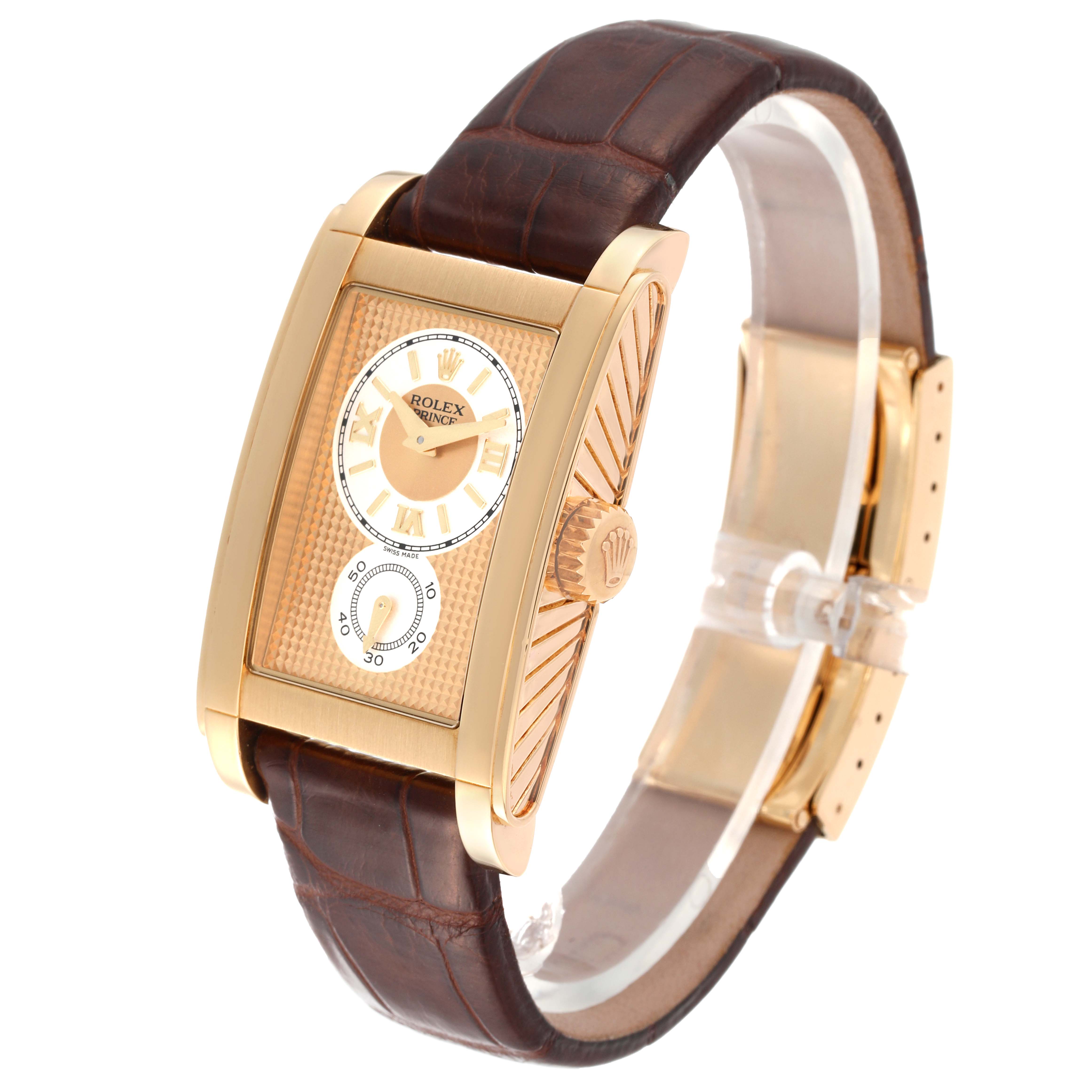 The image shows a Rolex Cellini 5440/8 Men's Yellow Gold Champagne Dial 5440/8 Men's Yellow Gold Champagne Dial model watch angled to display its face, crown, and brown leather strap.