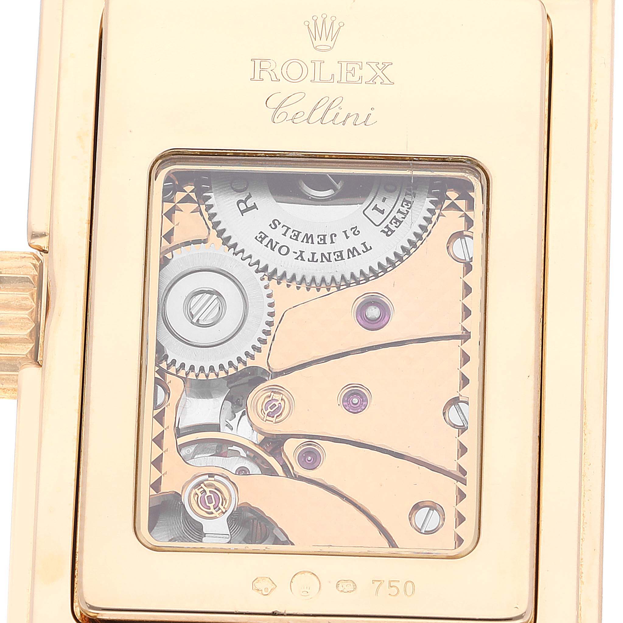 This image shows a close-up of the Rolex Cellini 5440/8 Men's Yellow Gold Champagne Dial 5440/8 Men's Yellow Gold Champagne Dial's internal mechanical movement through a transparent case back.