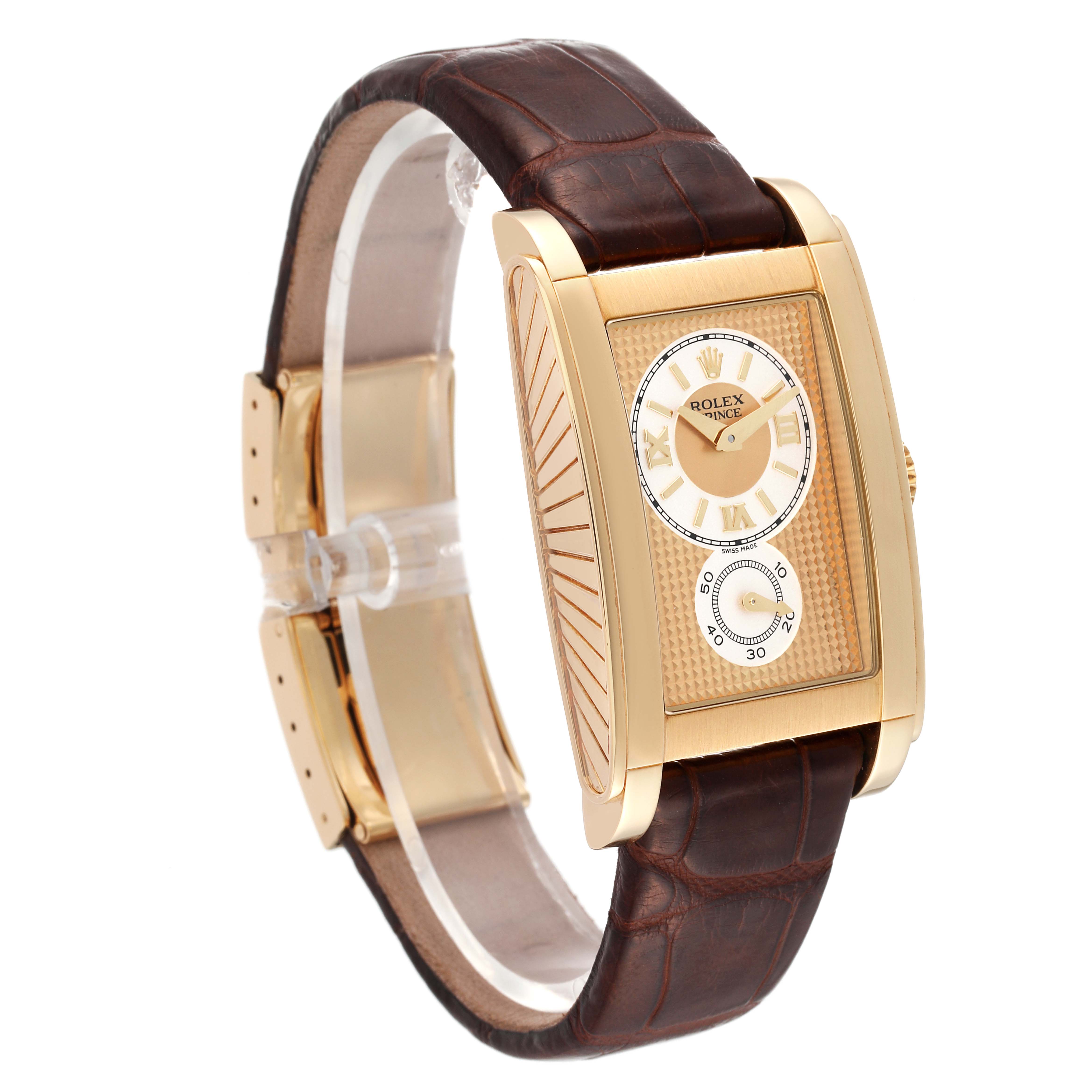 The Rolex Cellini 5440/8 Men's Yellow Gold Champagne Dial 5440/8 Men's Yellow Gold Champagne Dial watch is shown at an angle displaying its gold case, rectangular dial, and brown leather strap.