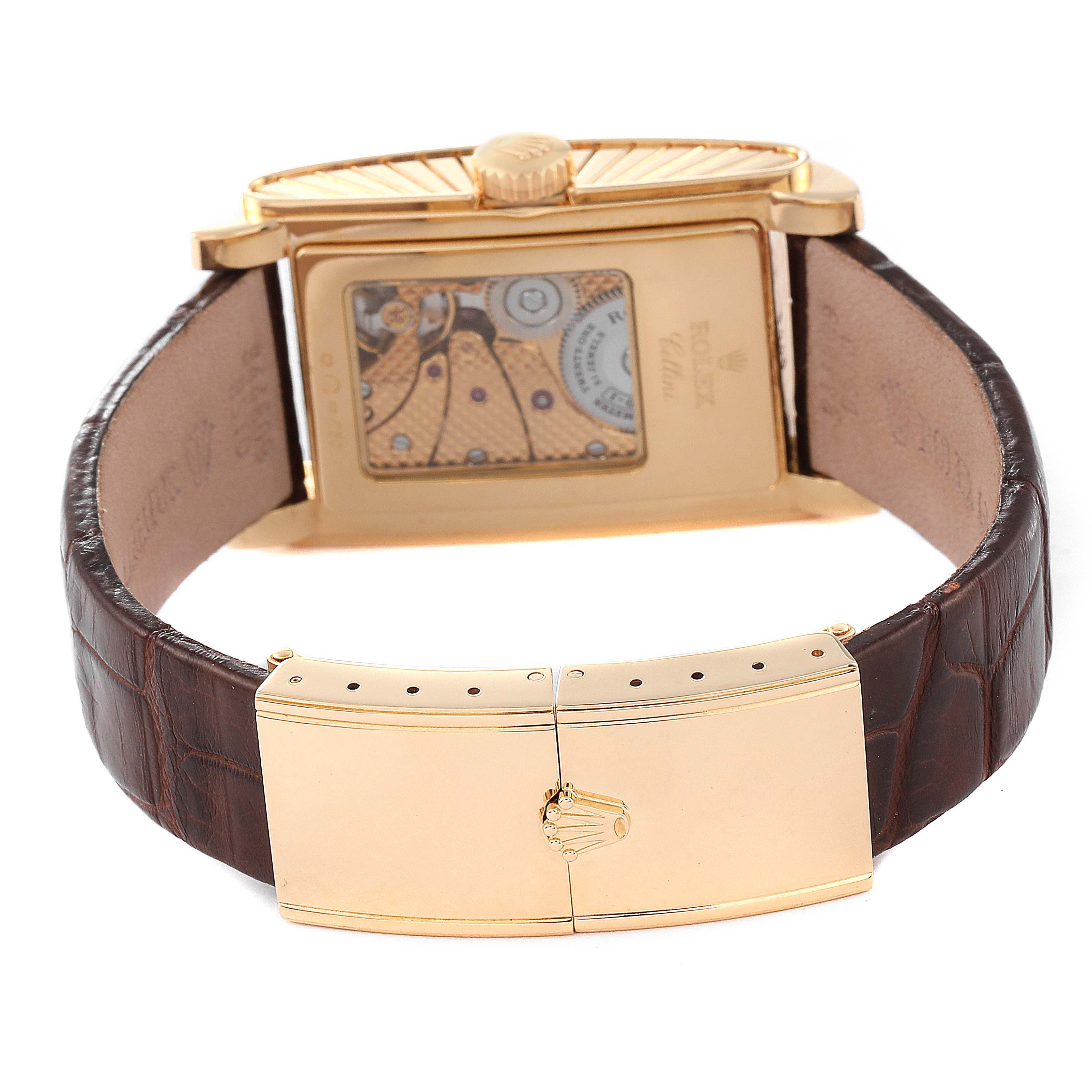 The image shows the back of a Rolex Cellini 5440/8 Men's Yellow Gold Champagne Dial 5440/8 Men's Yellow Gold Champagne Dial watch, highlighting the clasp, case back, and part of the strap.