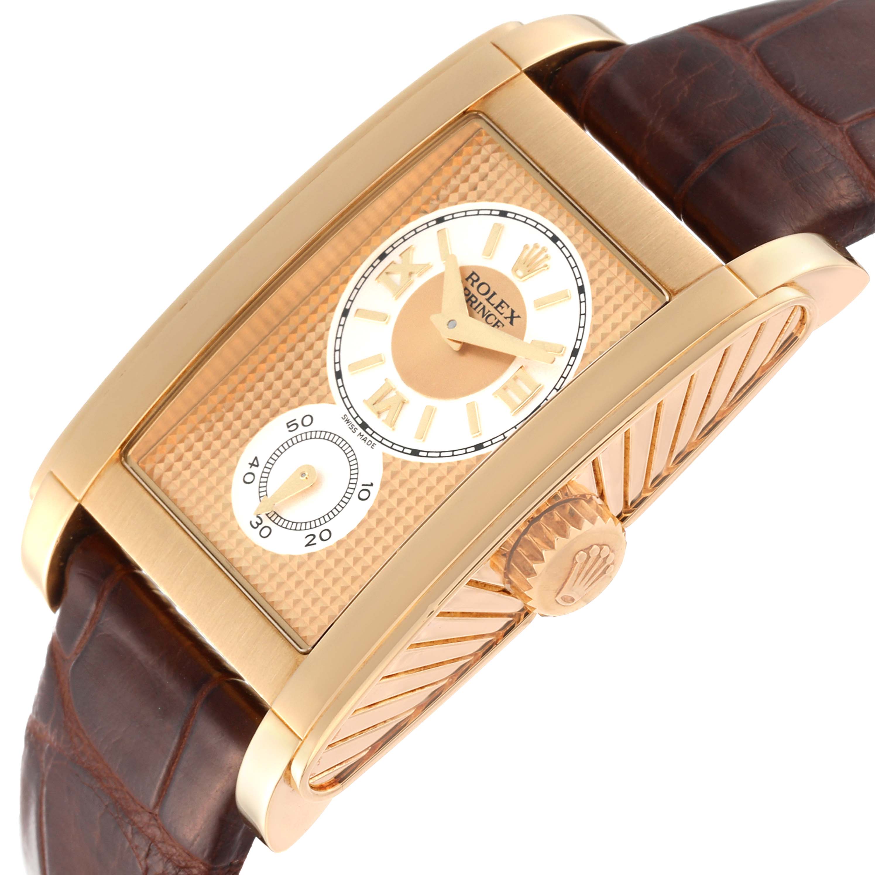 This image shows a close-up angle of the Rolex Cellini 5440/8 Men's Yellow Gold Champagne Dial 5440/8 Men's Yellow Gold Champagne Dial Prince watch, highlighting the dial, case, crown, and leather strap.