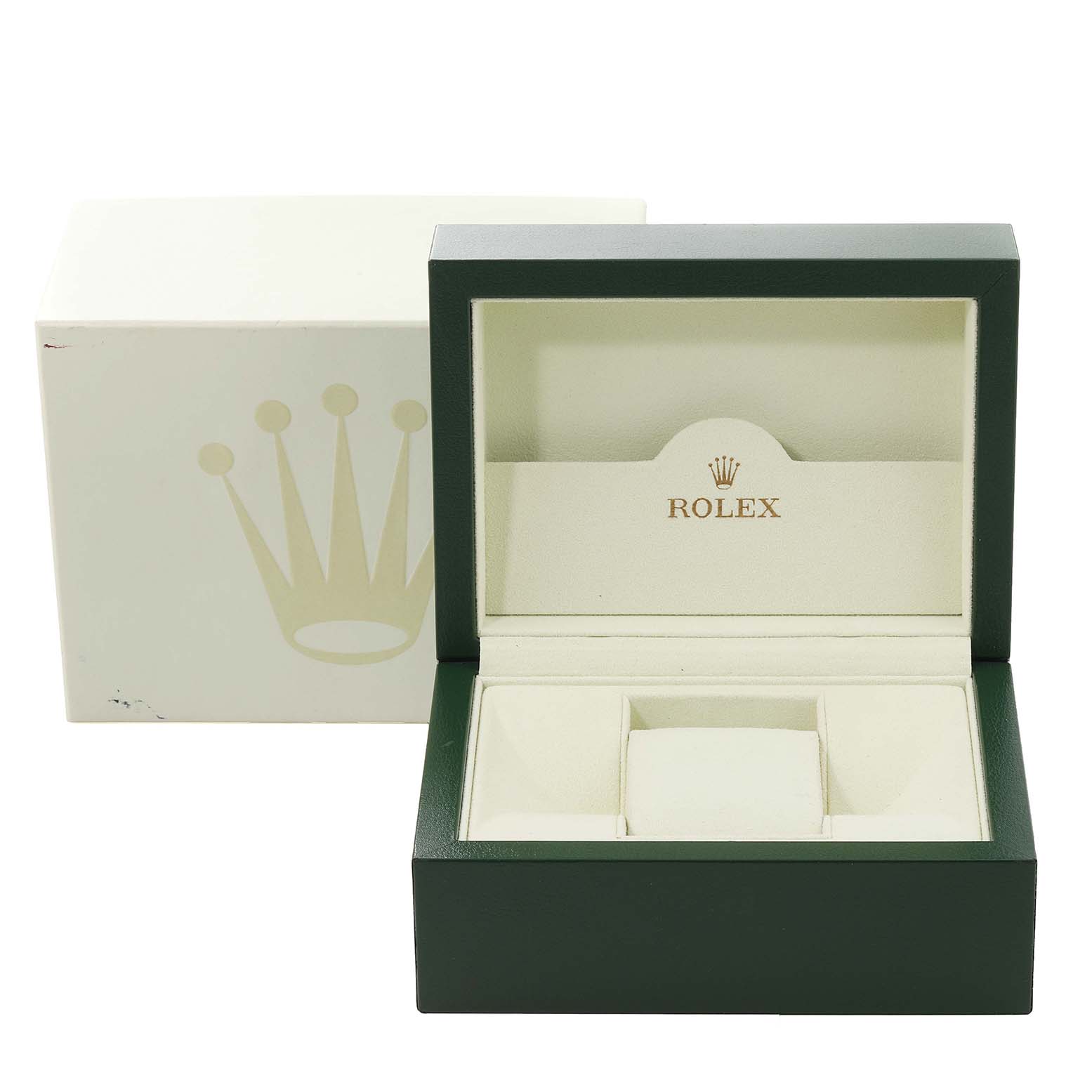 The image shows an open green Rolex watch box with the Rolex logo, likely for the Cellini model, and an outer cardboard box behind it.