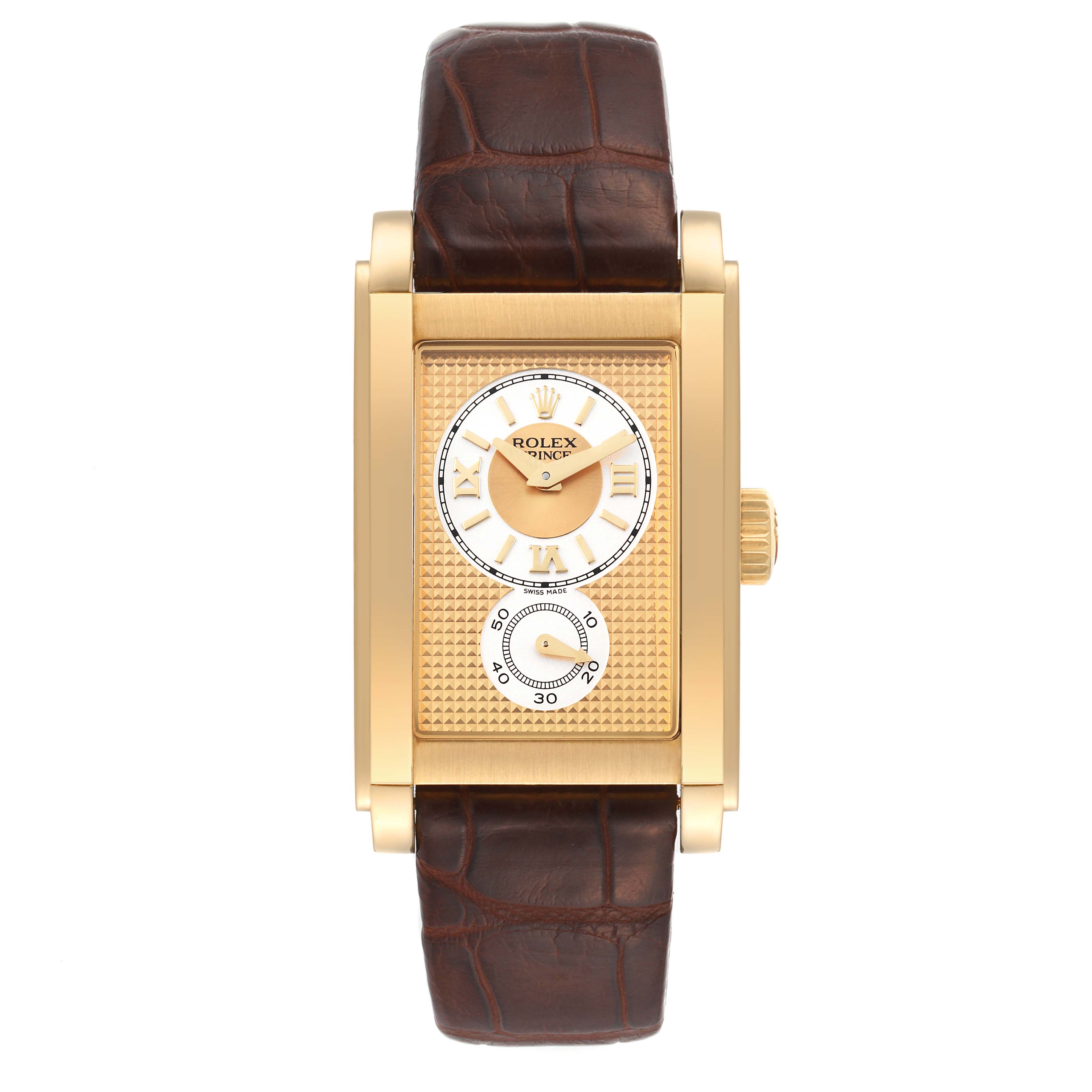 The Rolex Cellini 5440/8 Men's Yellow Gold Champagne Dial 5440/8 Men's Yellow Gold Champagne Dial model watch is shown from the front, displaying its rectangular face, gold casing, and brown leather strap.