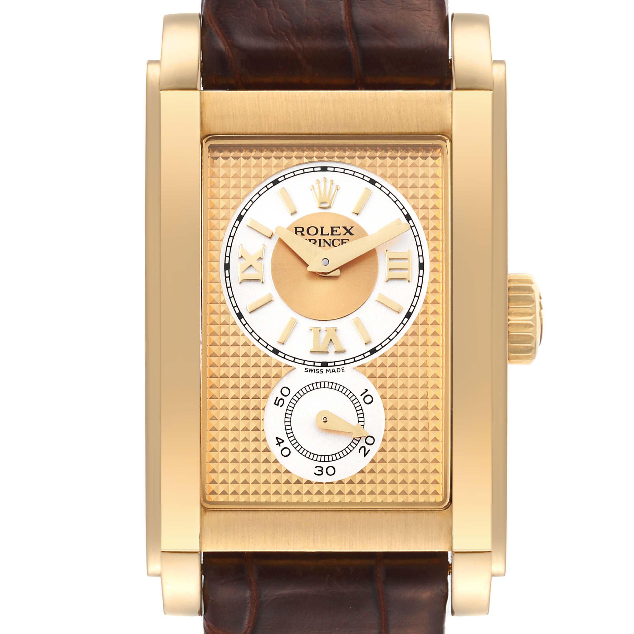 The image is a front view of a Rolex Cellini 5440/8 Men's Yellow Gold Champagne Dial 5440/8 Men's Yellow Gold Champagne Dial Prince watch, showing its rectangular dial with Roman numerals, sub-dial, and leather strap.