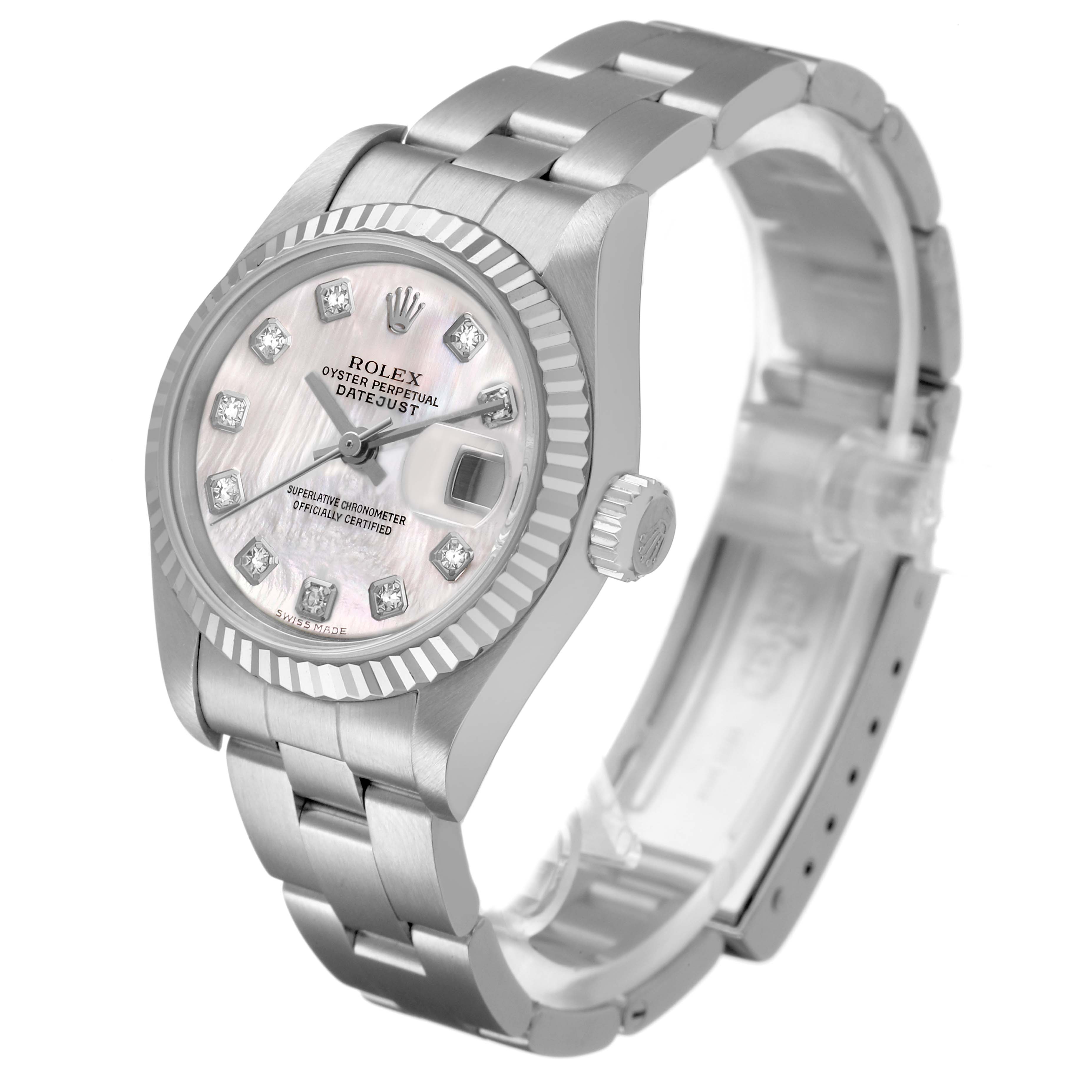 The Rolex Datejust 79174 Men's Stainless Steel Mother of Pearl Dial watch is shown at a three-quarter angle, highlighting the dial, bezel, crown, and bracelet.