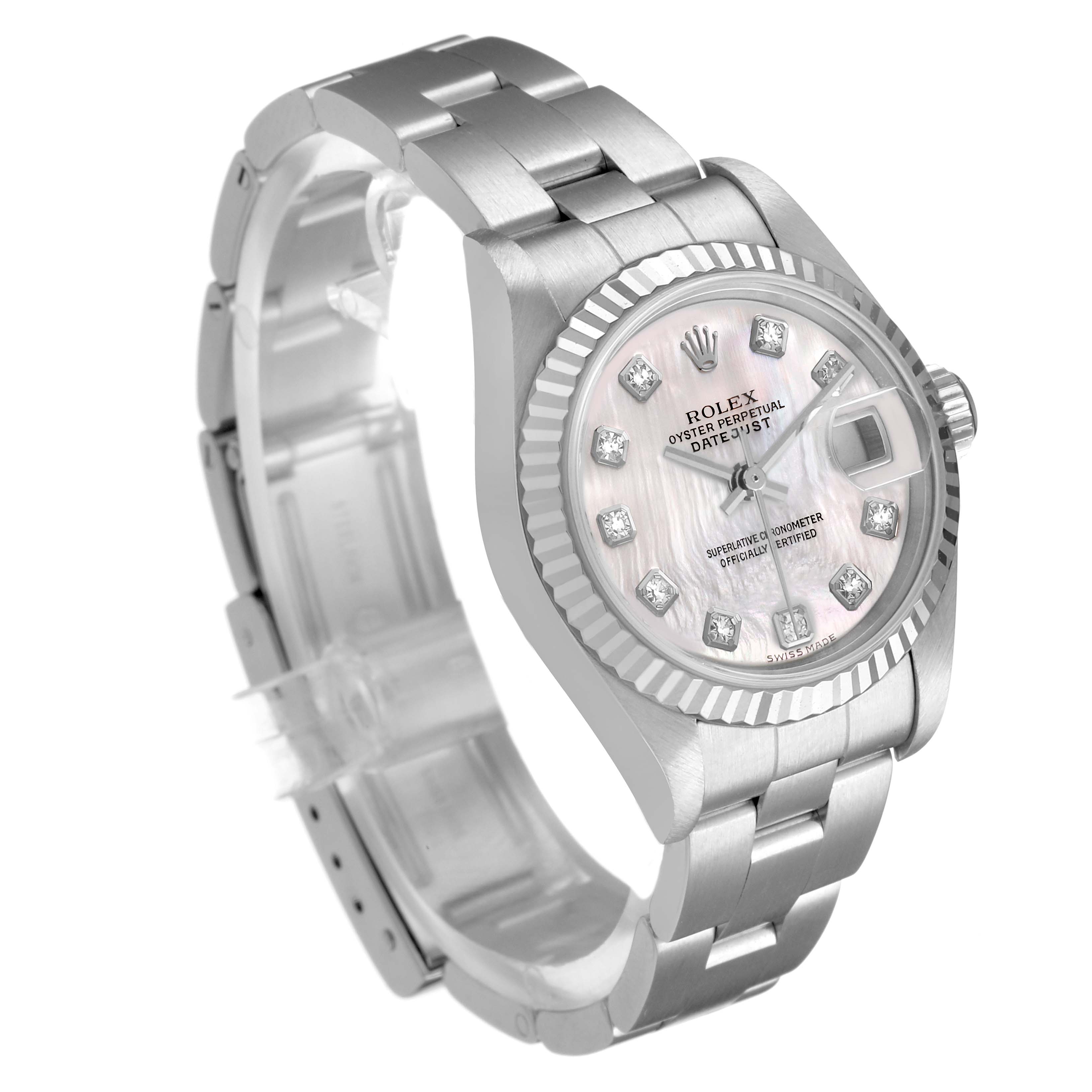 The image shows a Rolex Datejust 79174 Men's Stainless Steel Mother of Pearl Dial watch at a three-quarter angle, displaying the dial, fluted bezel, and bracelet.