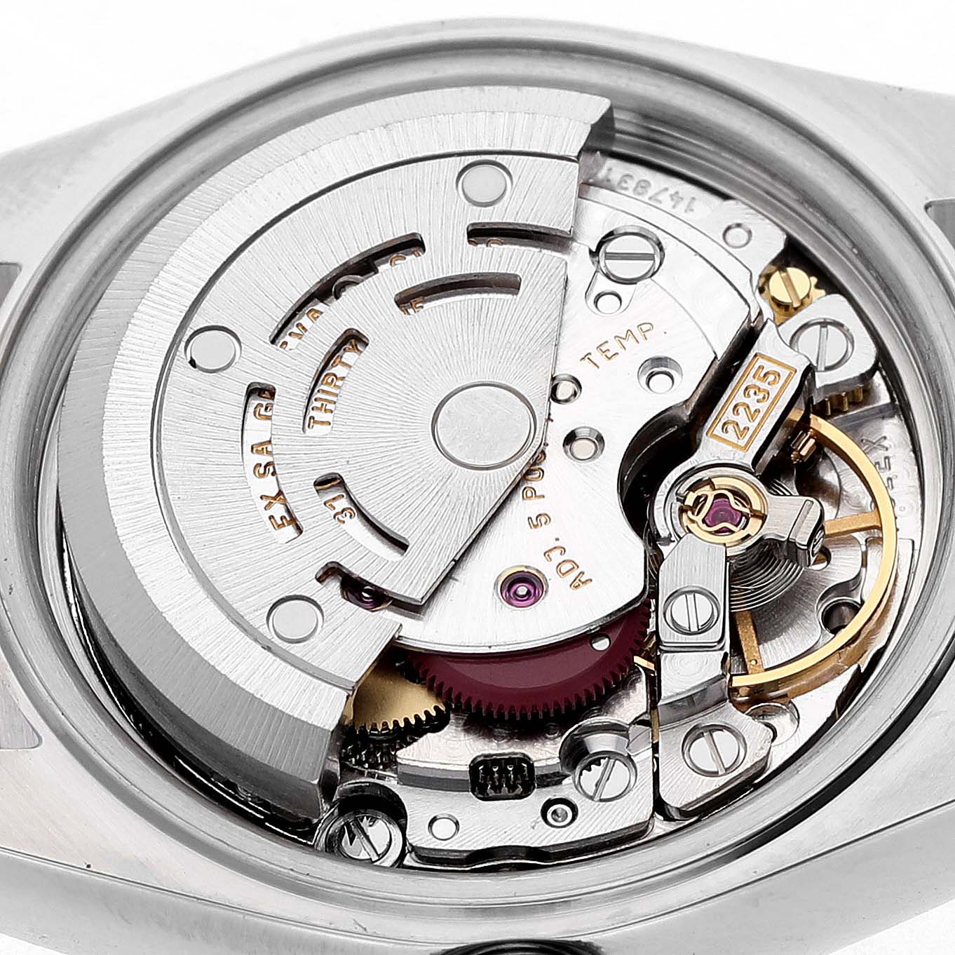 The image shows the movement mechanism of a Rolex Datejust 79174 Men's Stainless Steel Mother of Pearl Dial, featuring the rotor and various components from the back angle.
