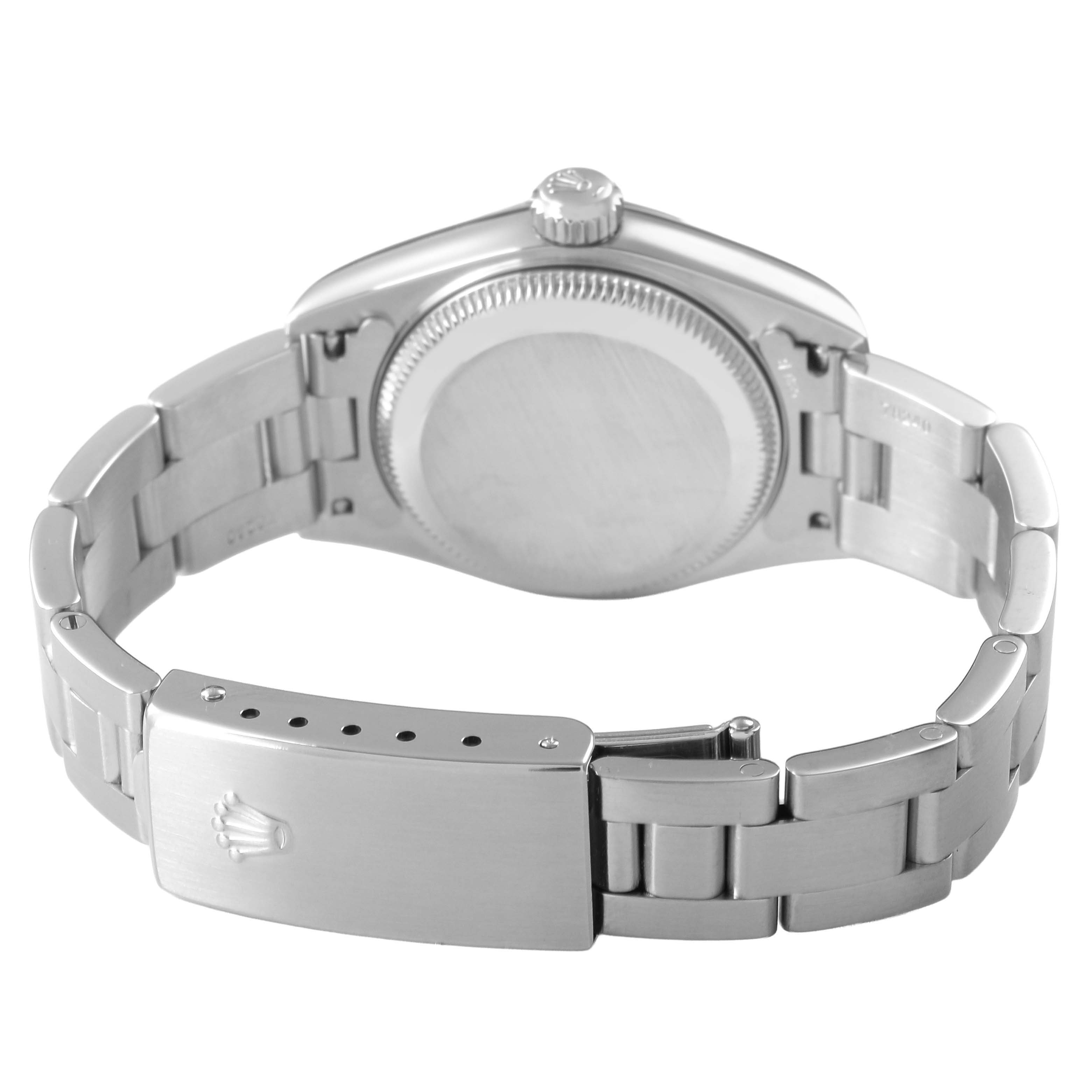 The image shows the back view of a Rolex Datejust 79174 Men's Stainless Steel Mother of Pearl Dial, highlighting the case back, crown, and clasp.