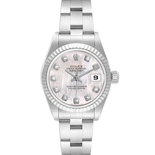 The Rolex Datejust 79174 Men's Stainless Steel Mother of Pearl Dial is shown from a top-down angle, highlighting the face, bezel, and bracelet.