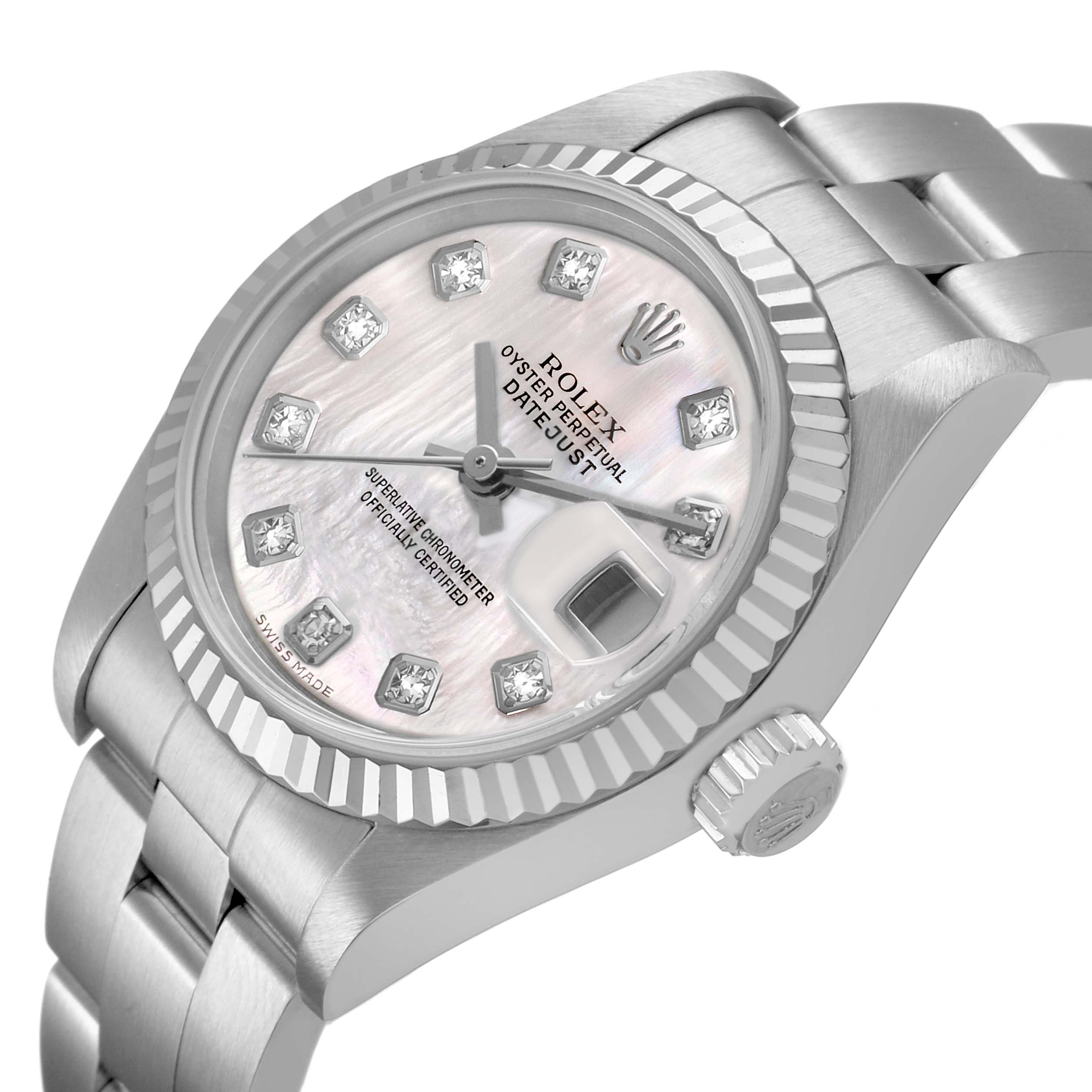 The Rolex Datejust 79174 Men's Stainless Steel Mother of Pearl Dial is shown at an angle highlighting the dial, crown, bezel, and bracelet.