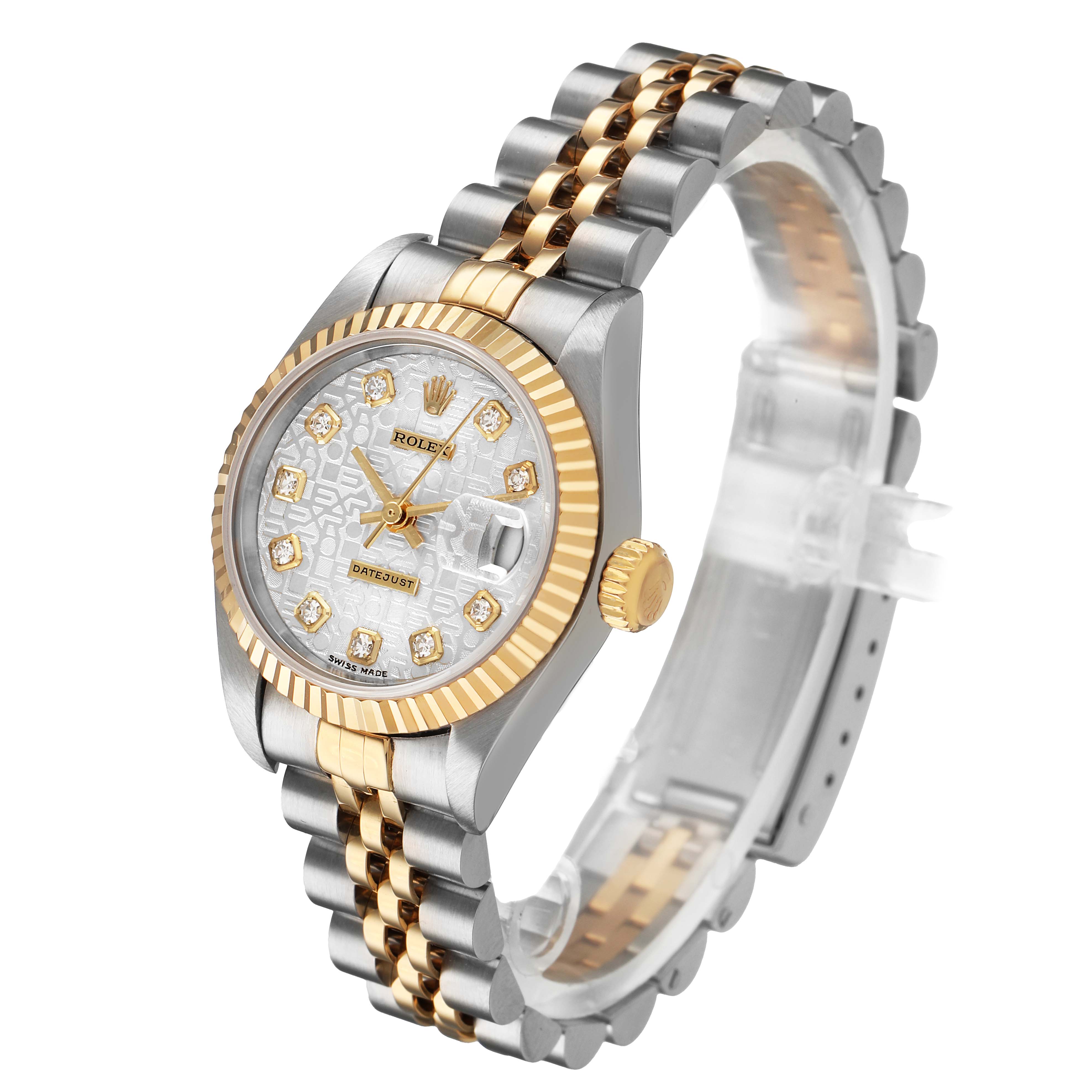 The Rolex Datejust 79173 Women's Steel and Gold (two tone) Silver Dial watch is shown at a three-quarter angle, displaying the dial, fluted bezel, and two-tone bracelet.