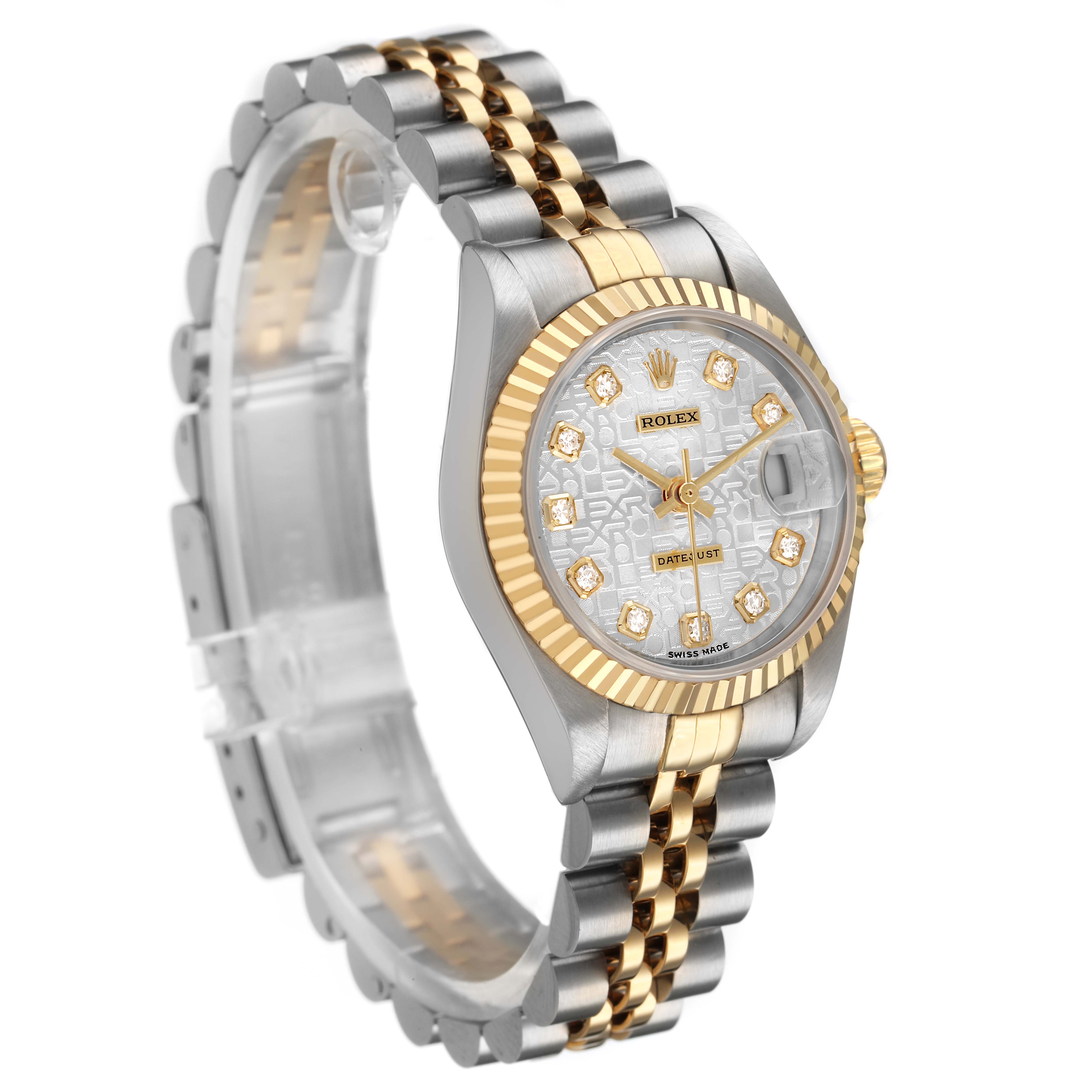 The Rolex Datejust 79173 Women's Steel and Gold (two tone) Silver Dial watch is shown at a three-quarter angle, highlighting the dial, bezel, and bracelet.