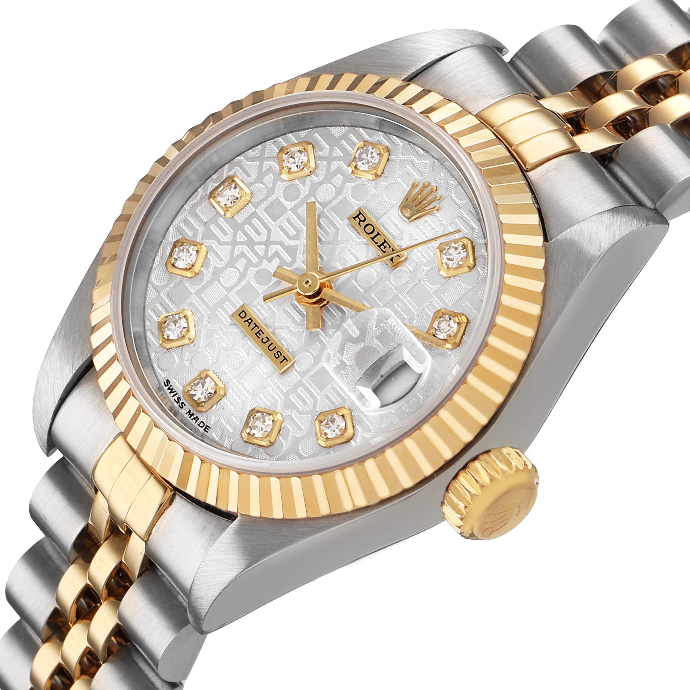 The Rolex Datejust 79173 Women's Steel and Gold (two tone) Silver Dial watch is shown at a three-quarter angle, highlighting its face, bezel, crown, and partial bracelet.