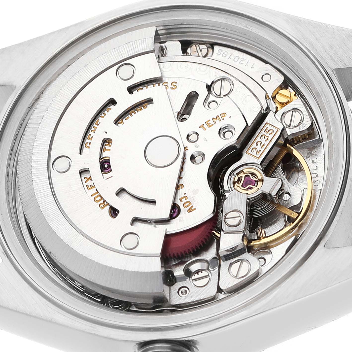 The image shows a close-up of the Rolex Datejust 79173 Women's Steel and Gold (two tone) Silver Dial movement, revealing its intricate internal components.