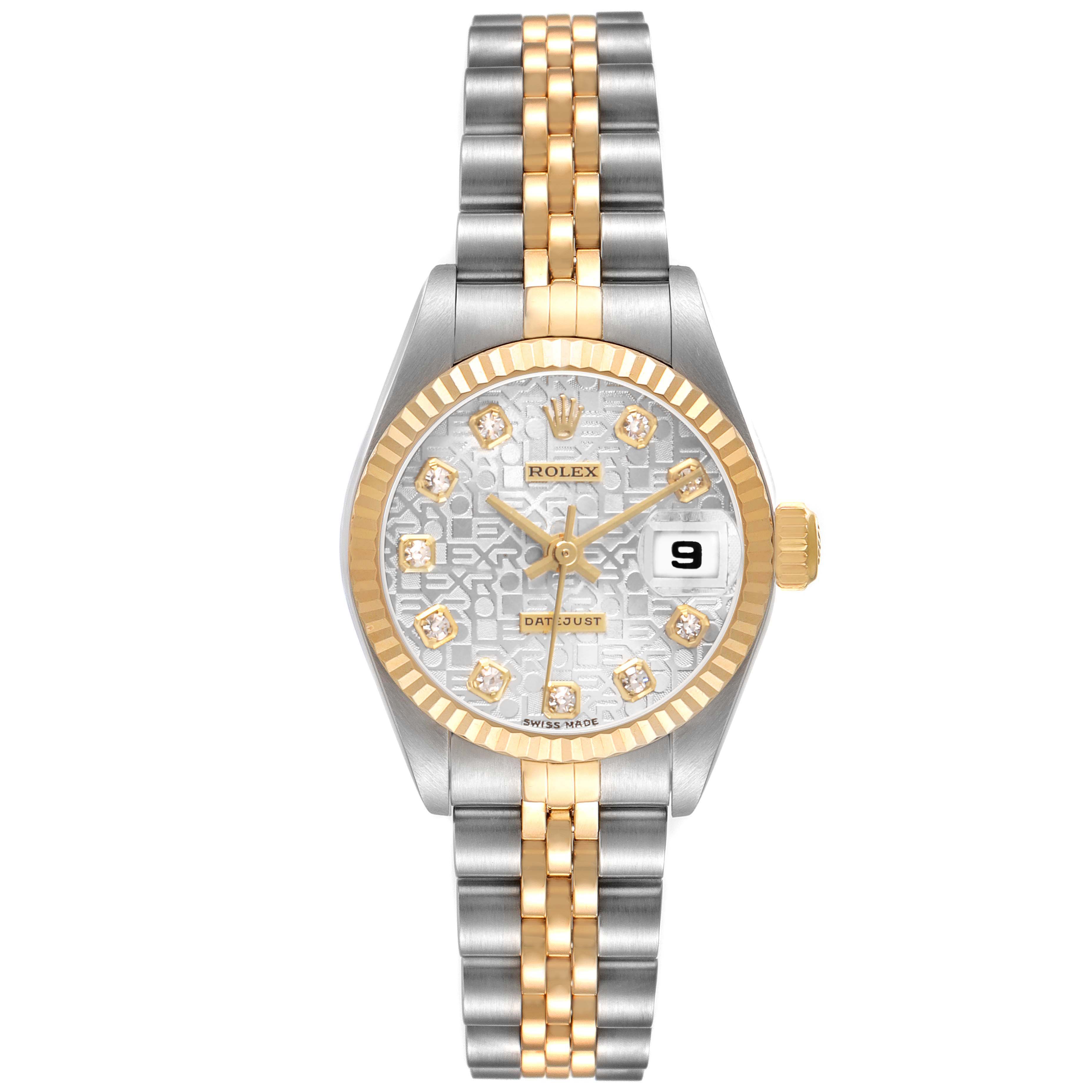 The Rolex Datejust 79173 Women's Steel and Gold (two tone) Silver Dial watch is shown from a front view, highlighting its dial, two-tone bracelet, and fluted bezel.