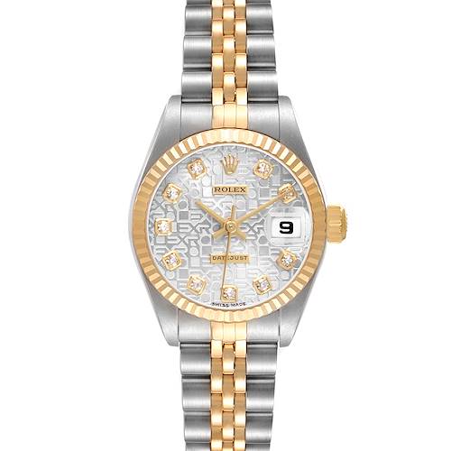 The Rolex Datejust 79173 Women's Steel and Gold (two tone) Silver Dial watch is shown from the front, highlighting the dial, bezel, bracelet, and date window.