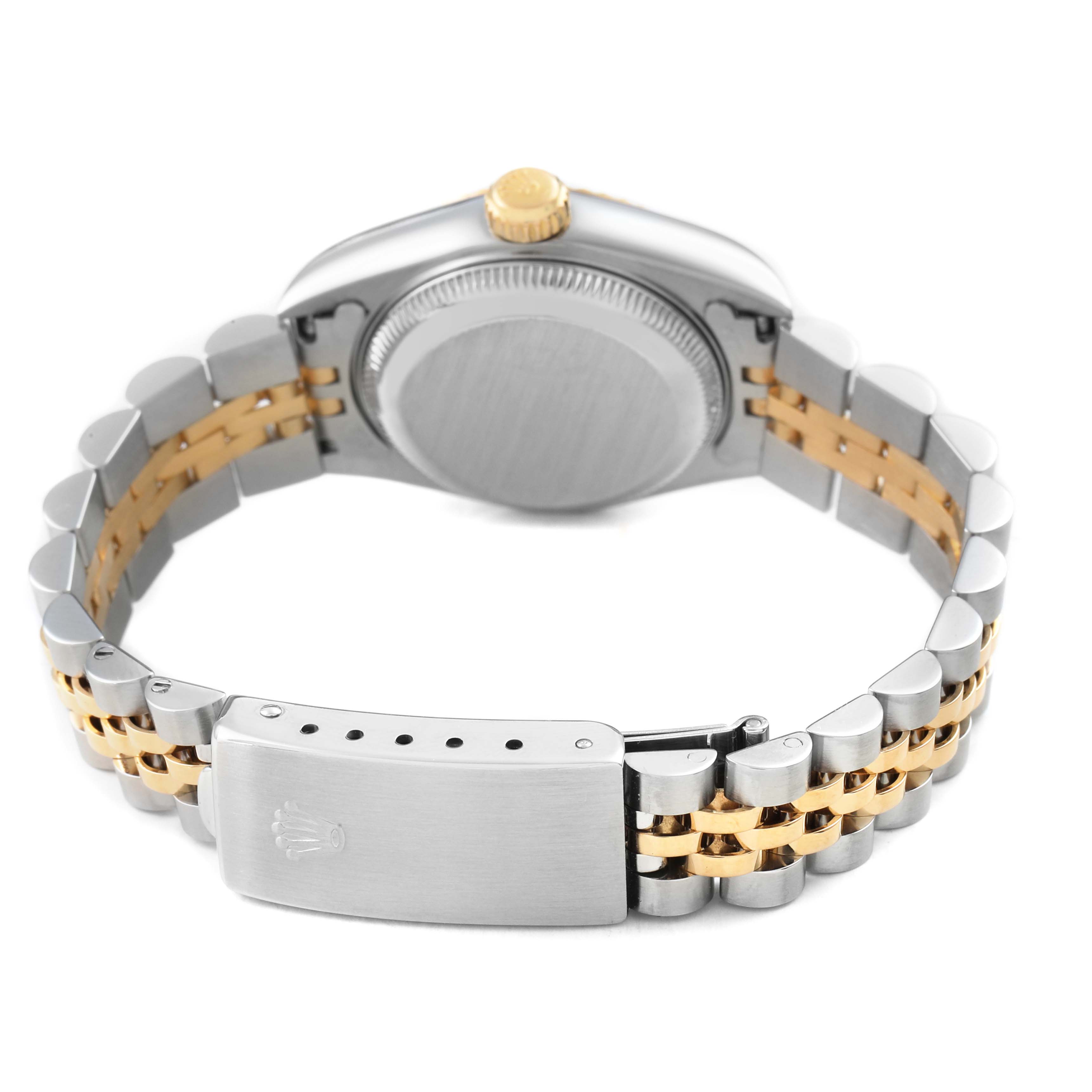The image shows the back of a Rolex Datejust 79173 Women's Steel and Gold (two tone) Silver Dial watch with its bi-metal jubilee bracelet and clasp.