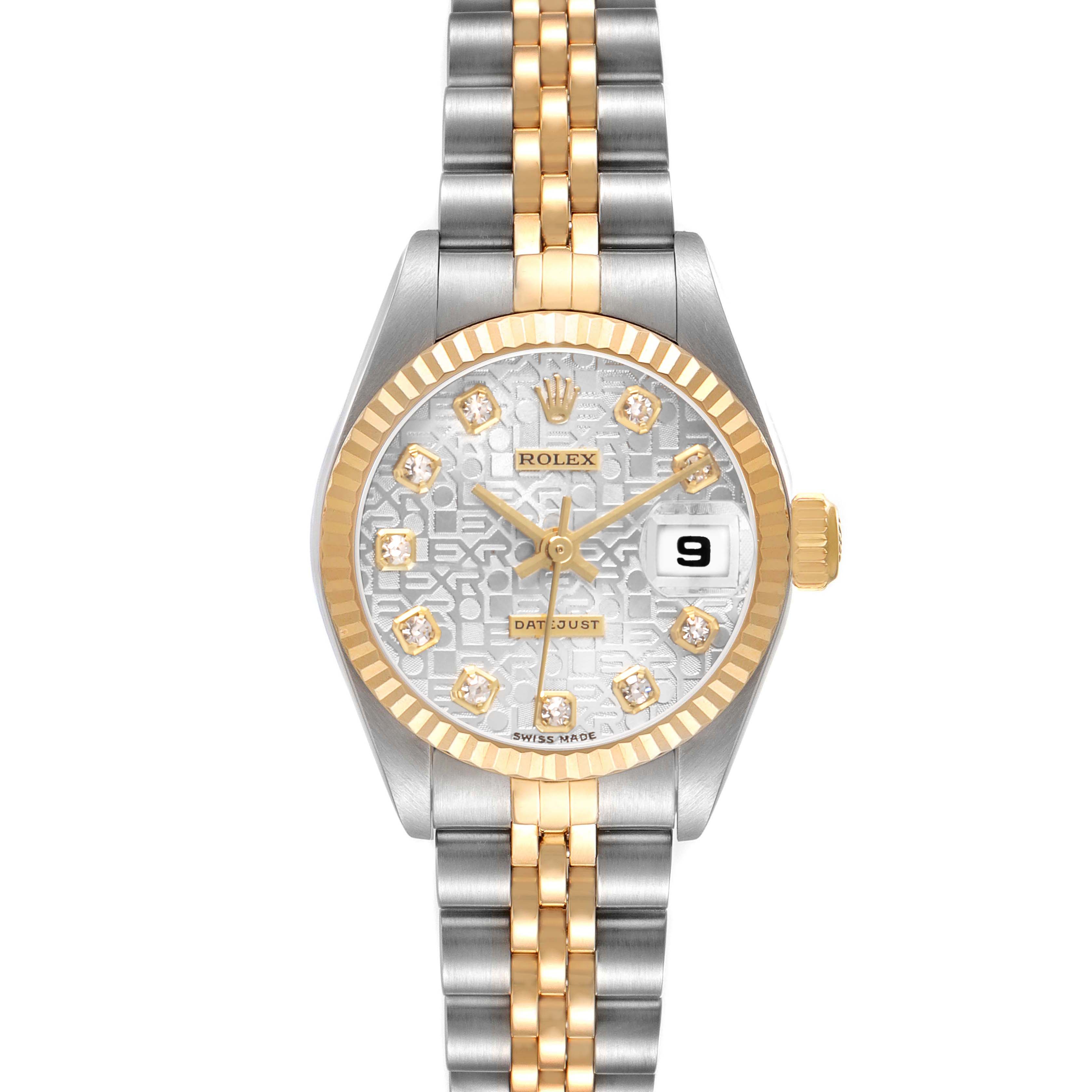 The Rolex Datejust 79173 Women's Steel and Gold (two tone) Silver Dial watch is shown from the front, highlighting its dial, bezel, and two-tone bracelet.