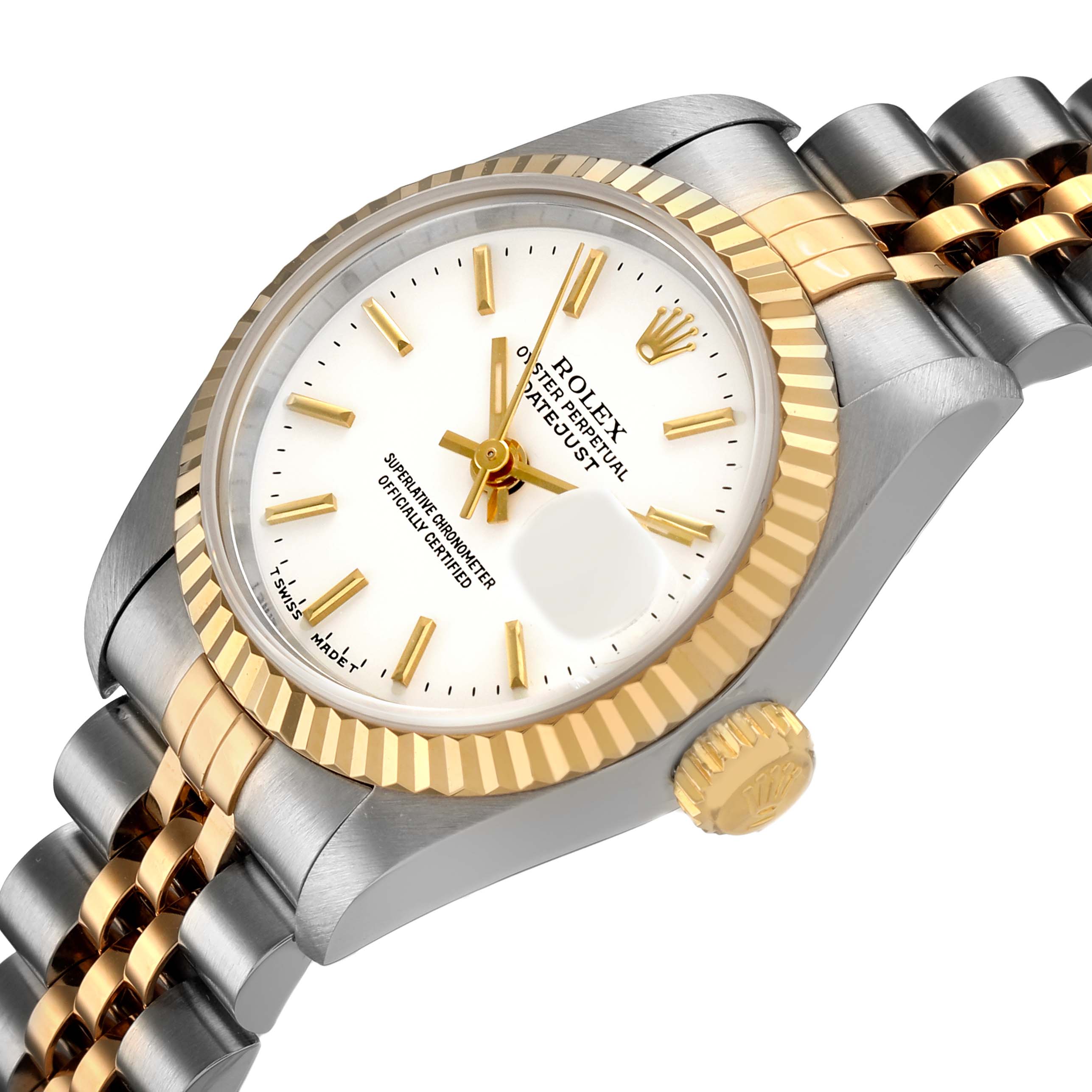 The Rolex Datejust 69173 Women's Steel and Gold (two tone) White Dial watch is shown at an angled view, displaying the face, bezel, crown, and part of the bracelet.
