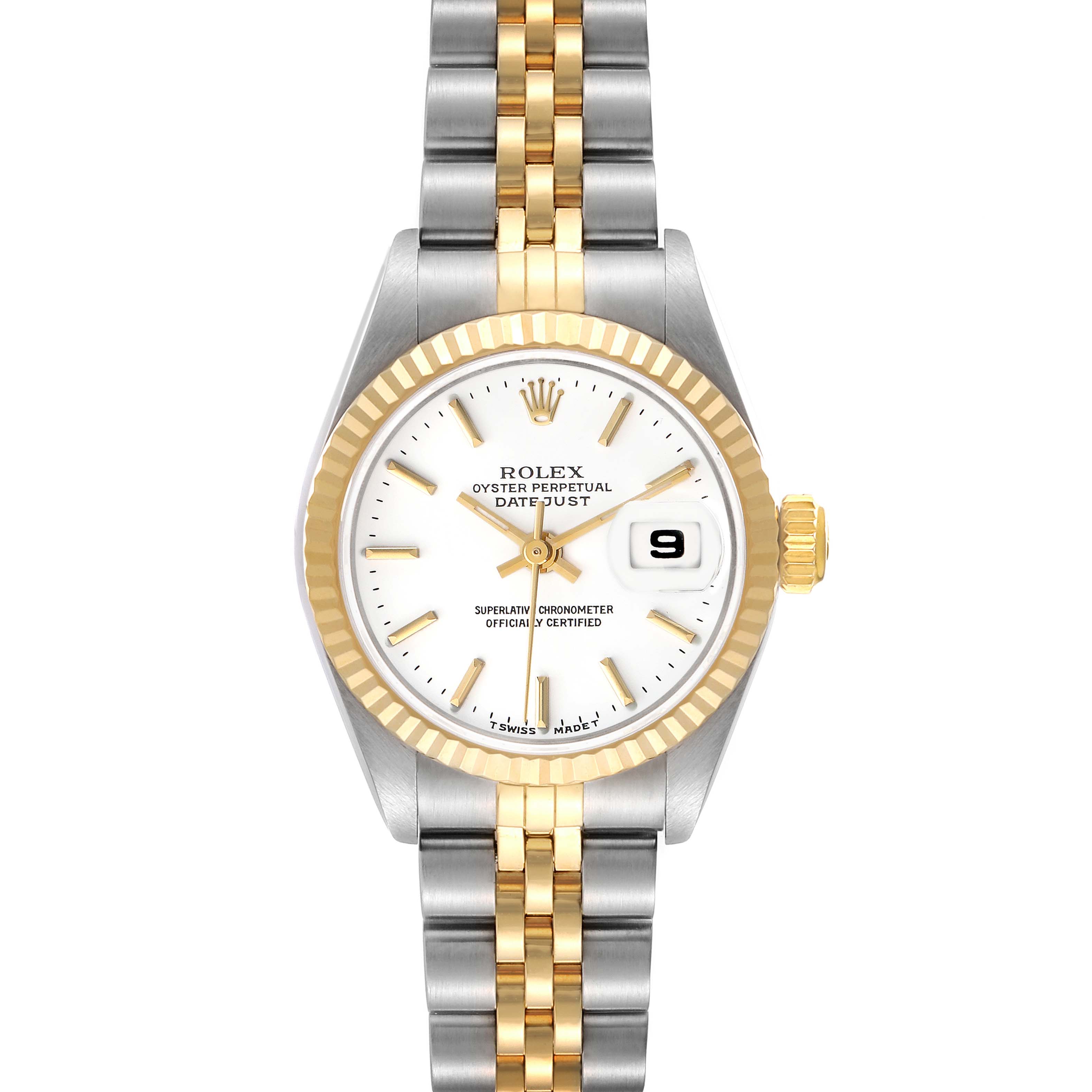 The Rolex Datejust 69173 Women's Steel and Gold (two tone) White Dial watch is shown from the front, highlighting its dial, bezel, bracelet, and date function.