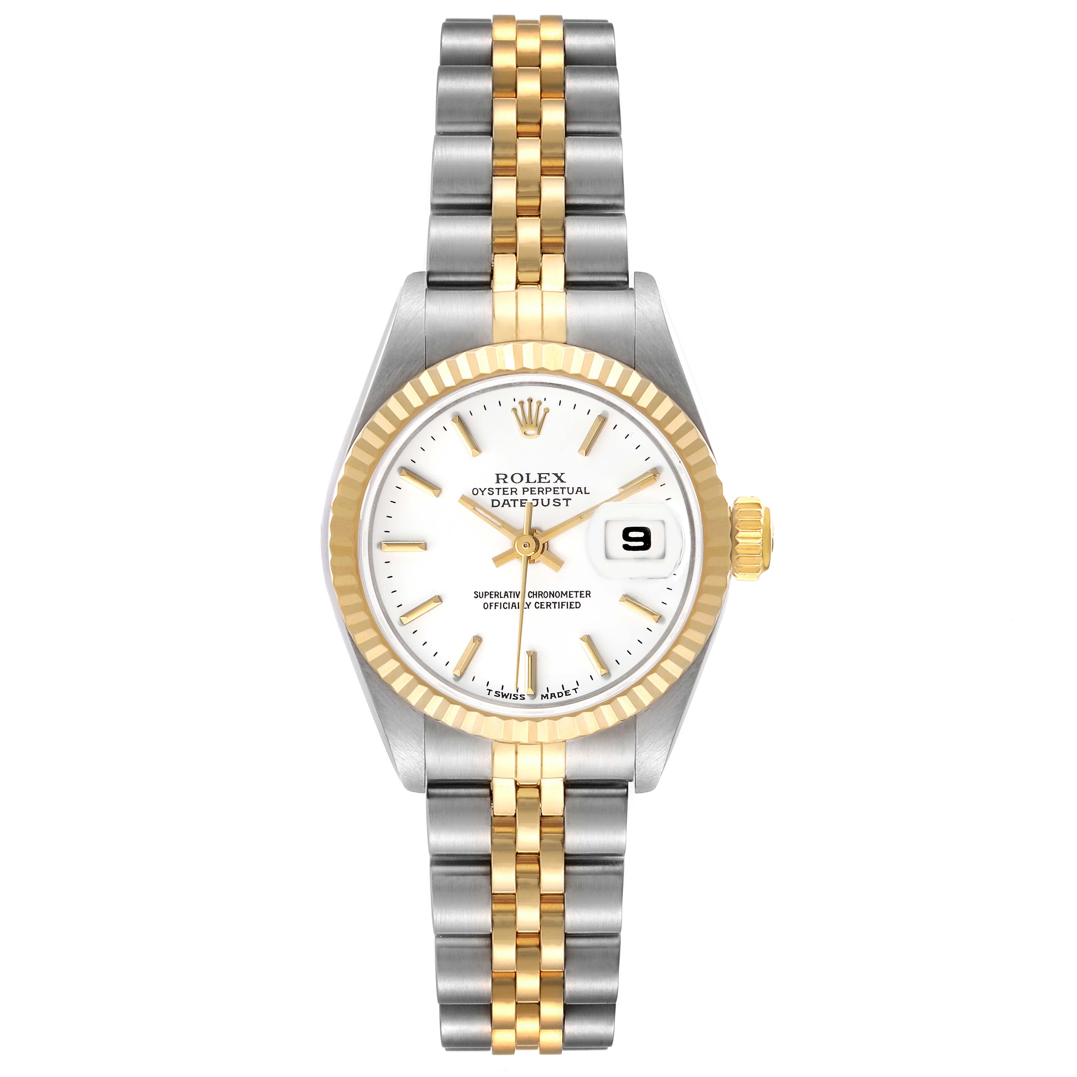 The Rolex Datejust 69173 Women's Steel and Gold (two tone) White Dial watch is shown from the front, highlighting the dial, bezel, and Jubilee bracelet.