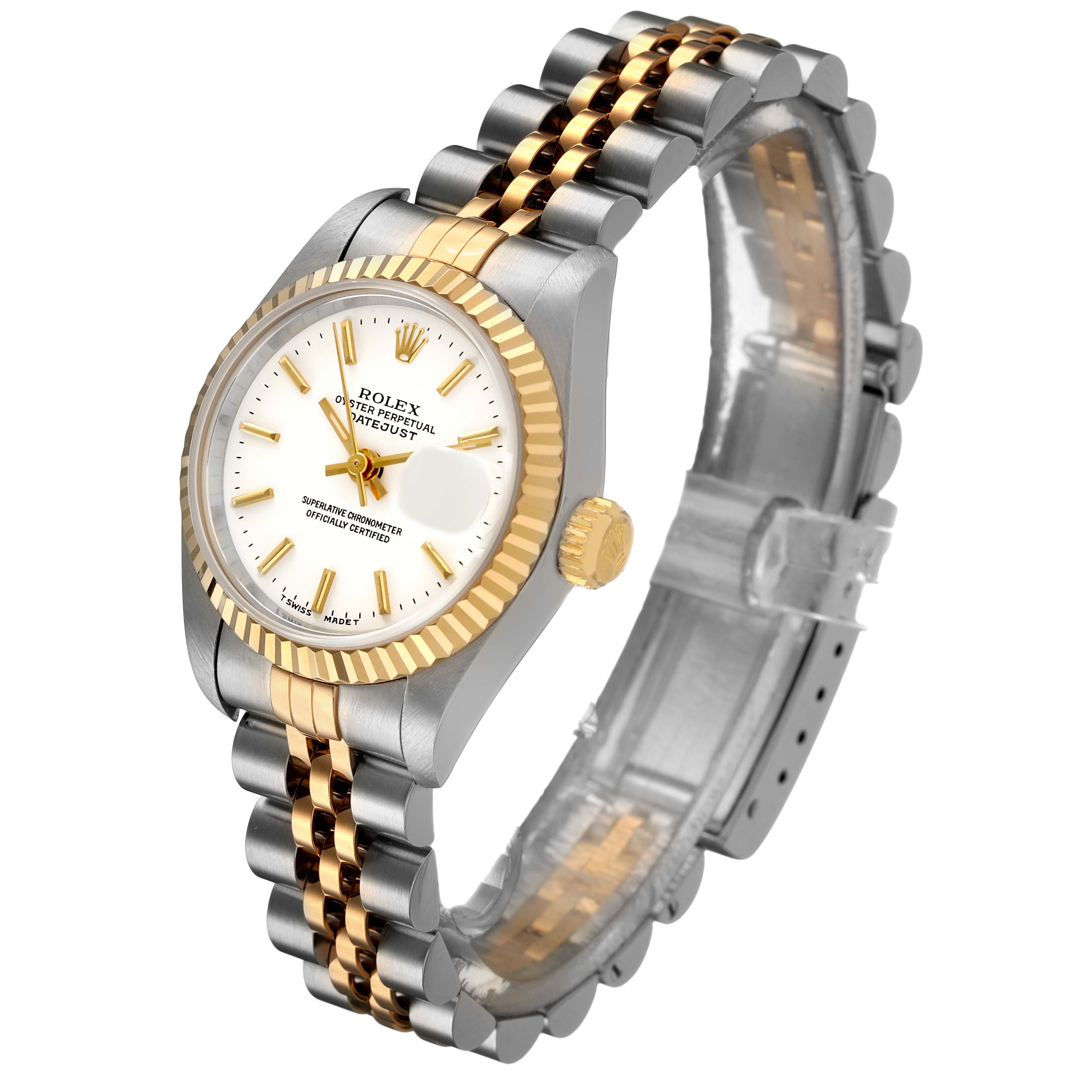 The Rolex Datejust 69173 Women's Steel and Gold (two tone) White Dial watch is shown at a three-quarter angle, highlighting its two-tone bracelet, fluted bezel, and face.