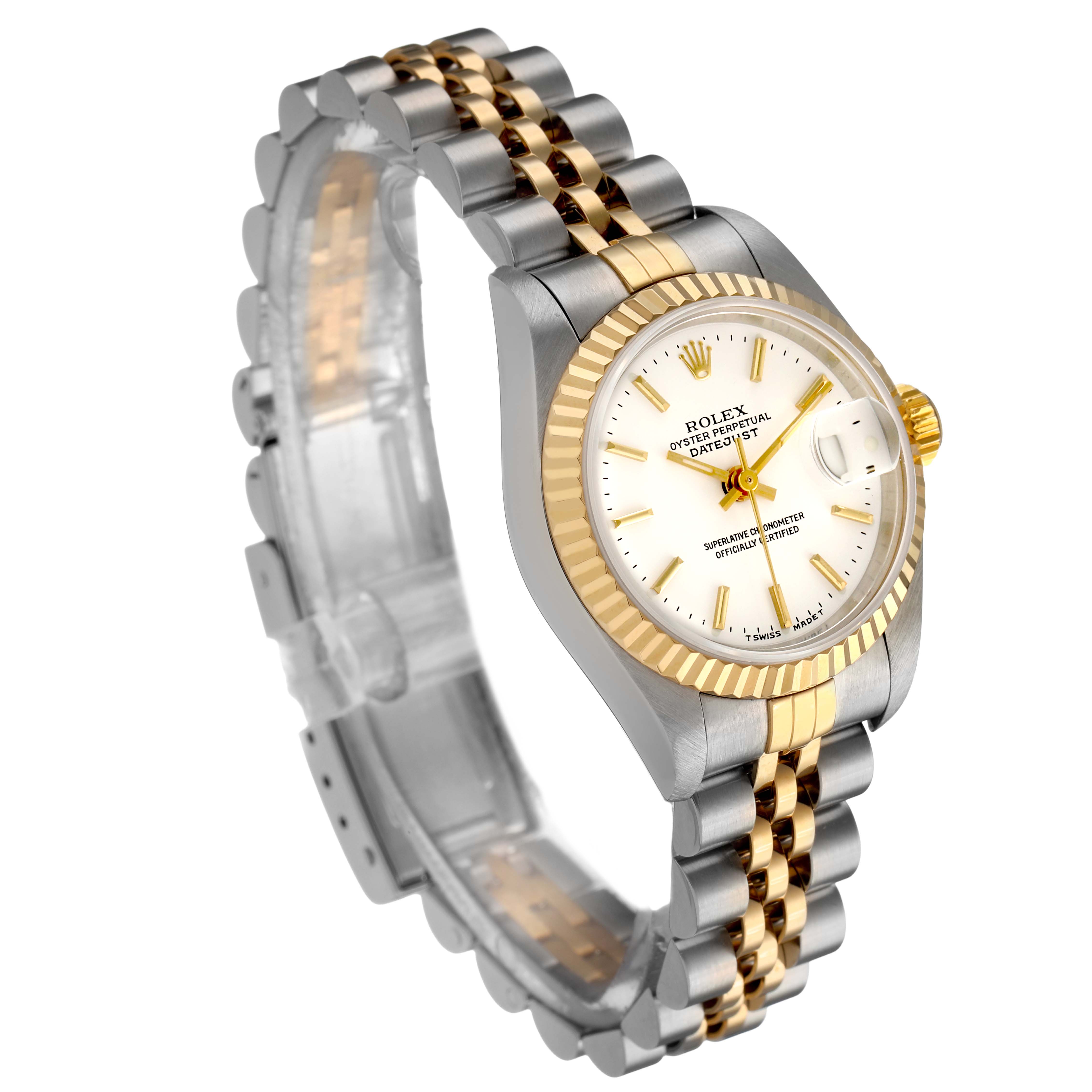 The Rolex Datejust 69173 Women's Steel and Gold (two tone) White Dial watch is shown at a three-quarter angle, highlighting its dial, fluted bezel, and two-tone bracelet.