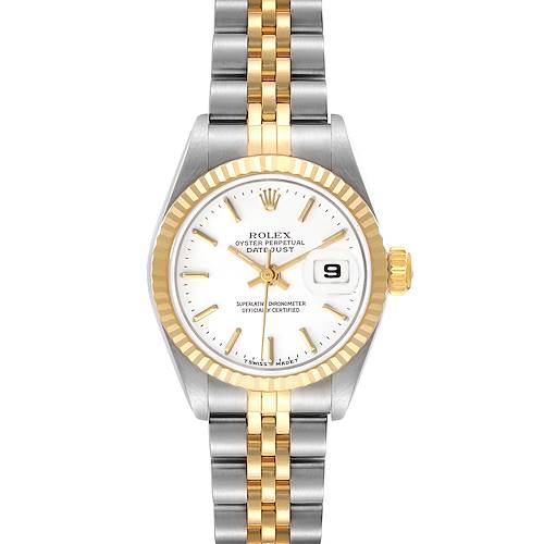 The Rolex Datejust 69173 Women's Steel and Gold (two tone) White Dial watch is shown from a front angle, highlighting its dial, fluted bezel, and two-tone Jubilee bracelet.