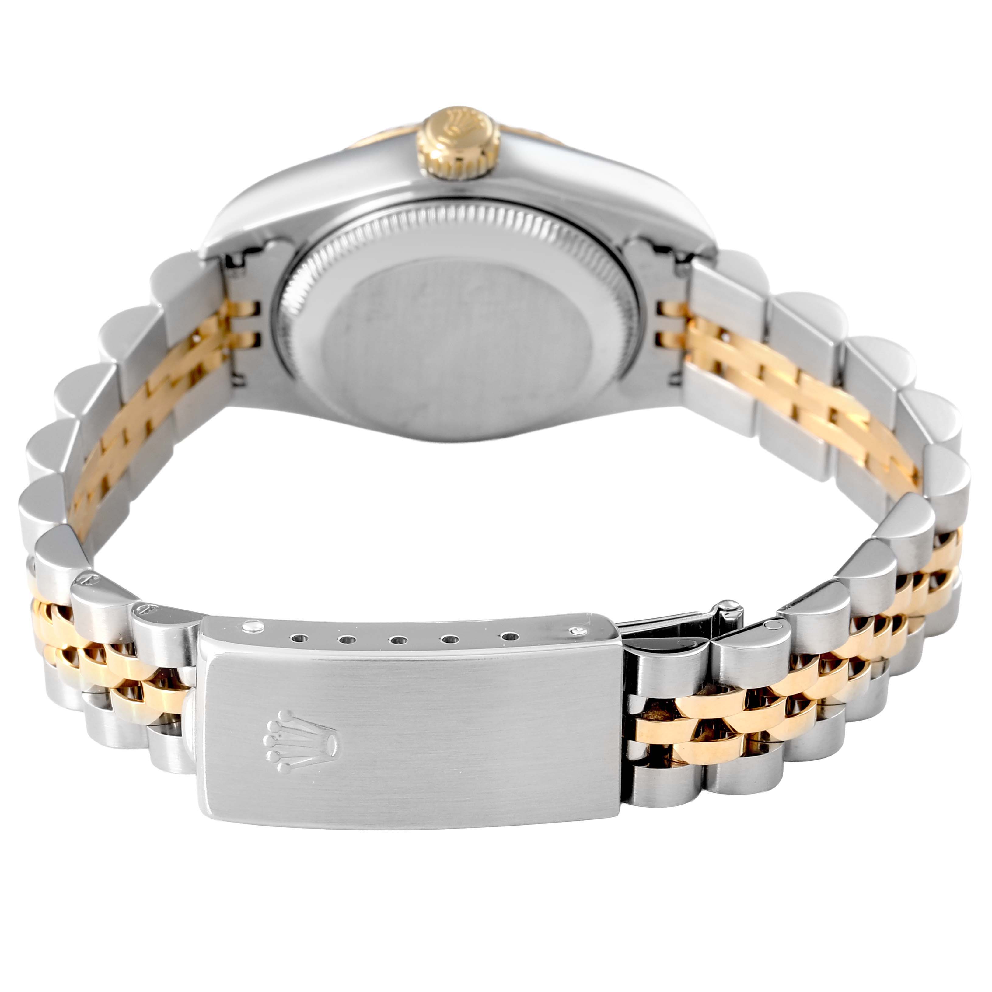 The image shows the back view of a Rolex Datejust 69173 Women's Steel and Gold (two tone) White Dial, highlighting the clasp and two-tone bracelet.