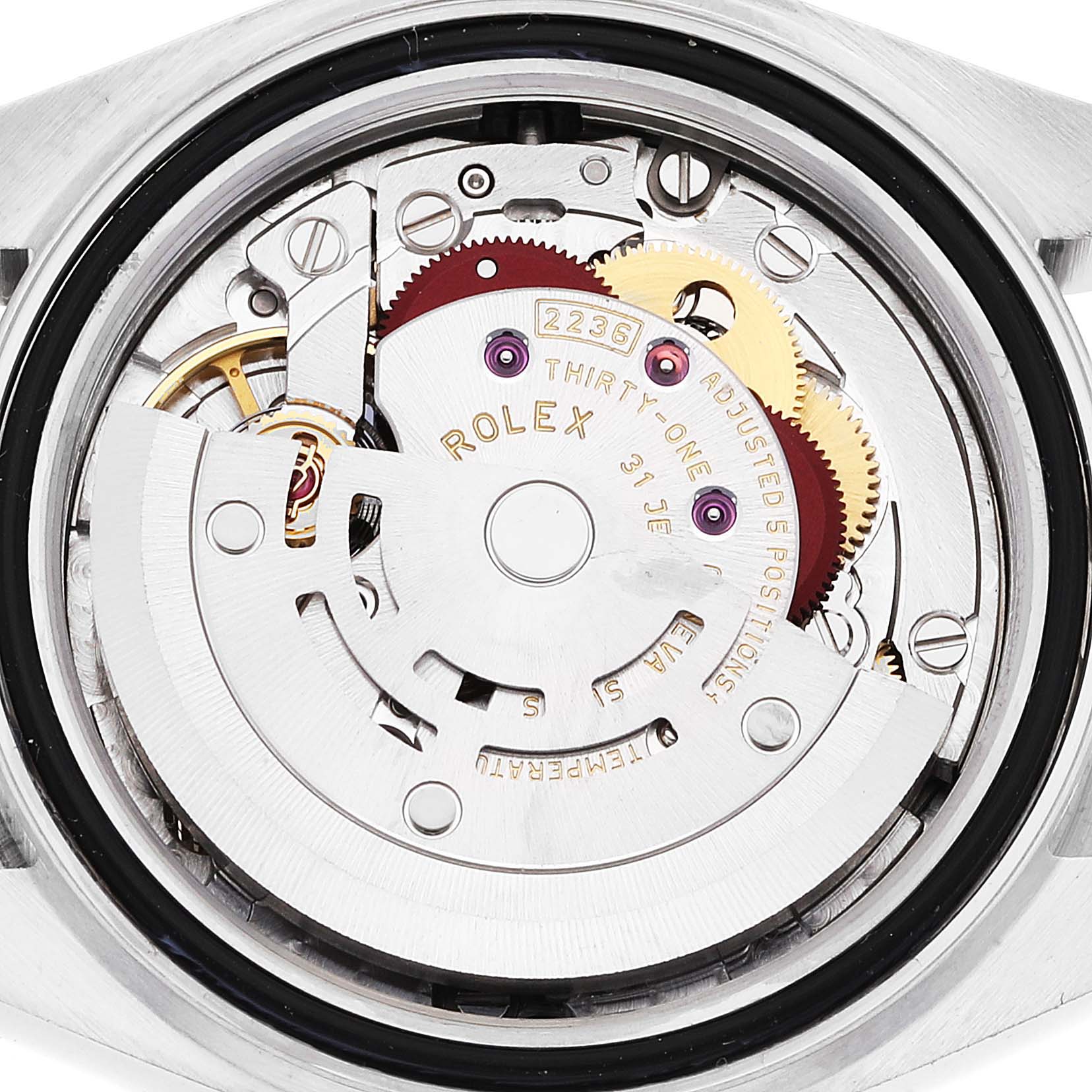 This image shows the intricate inner mechanical movements of the Rolex Datejust 279174 Women's Stainless Steel Pink Dial 279174 Women's Stainless Steel Pink Dial watch model from a rear angle.