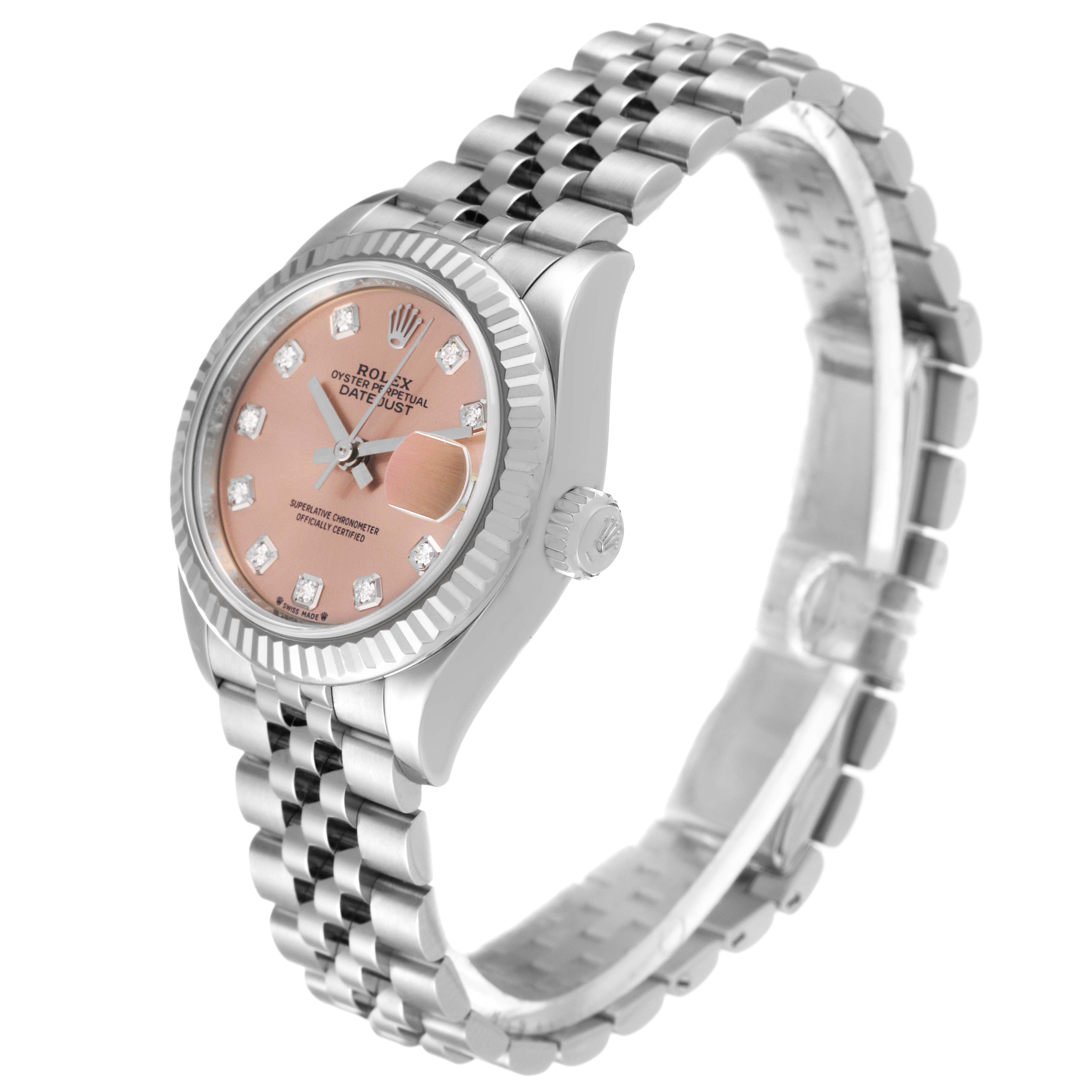 The image shows a Rolex Datejust 279174 Women's Stainless Steel Pink Dial 279174 Women's Stainless Steel Pink Dial watch at a tilted angle, highlighting the dial, fluted bezel, bracelet, and crown.