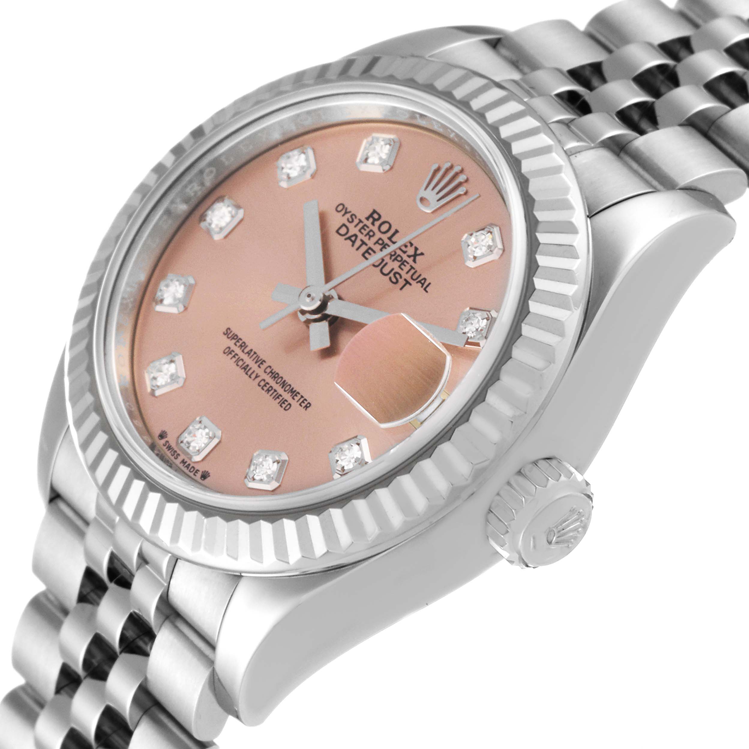 The image shows a close-up of a Rolex Datejust 279174 Women's Stainless Steel Pink Dial 279174 Women's Stainless Steel Pink Dial watch face at a slight angle, highlighting the dial, hands, and crown.