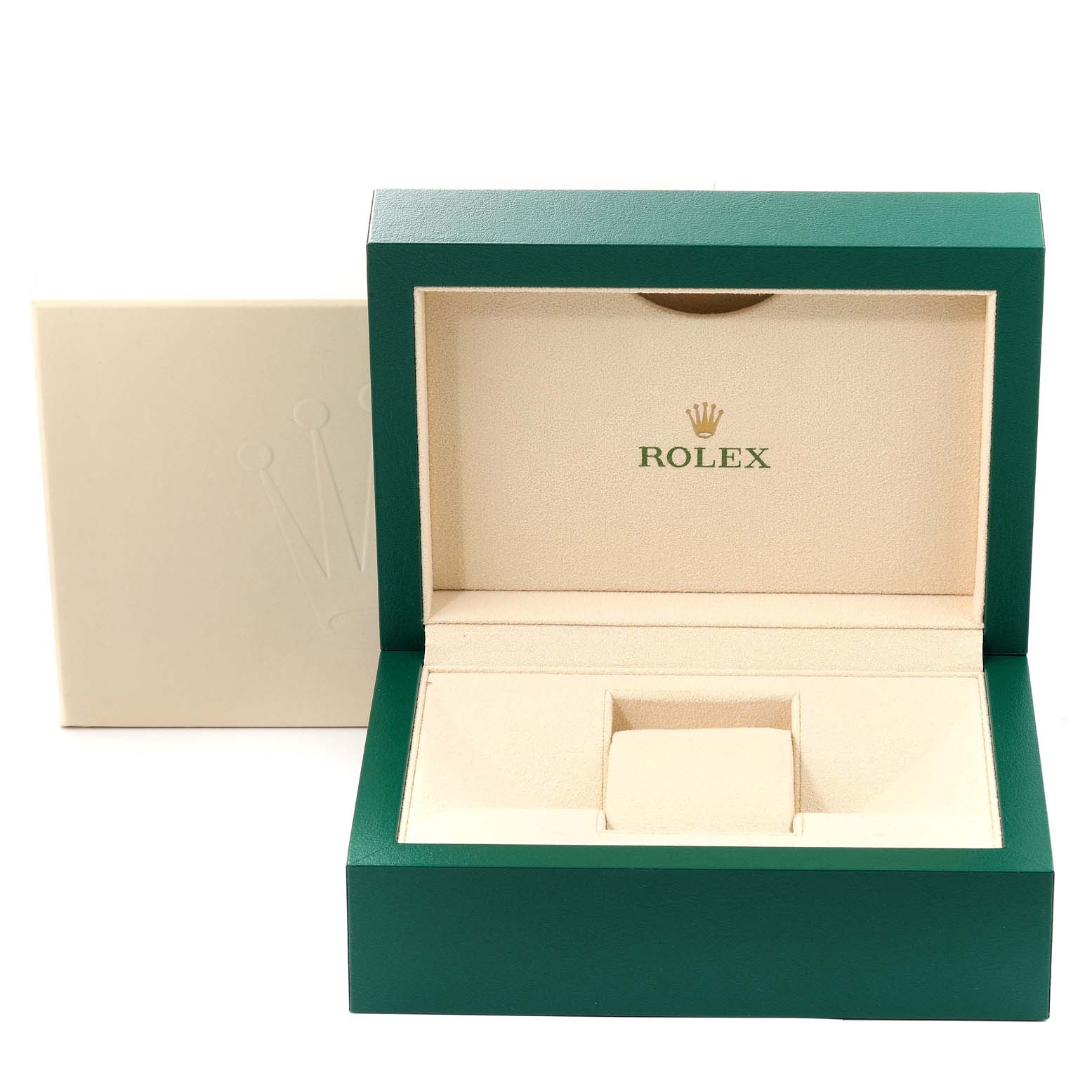 The image shows an open green Rolex Datejust 279174 Women's Stainless Steel Pink Dial 279174 Women's Stainless Steel Pink Dial watch box with a beige interior and the Rolex logo.