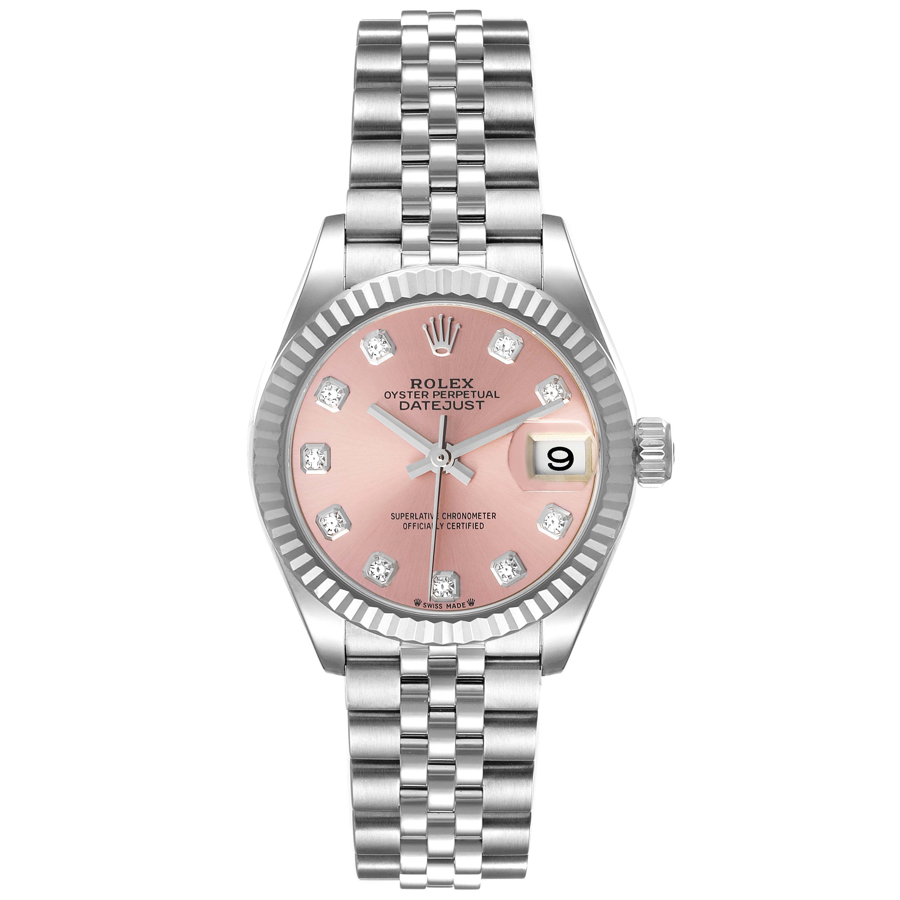 This image shows a Rolex Datejust 279174 Women's Stainless Steel Pink Dial 279174 Women's Stainless Steel Pink Dial watch from a top-down angle, displaying its pink dial, date, and stainless steel bracelet.