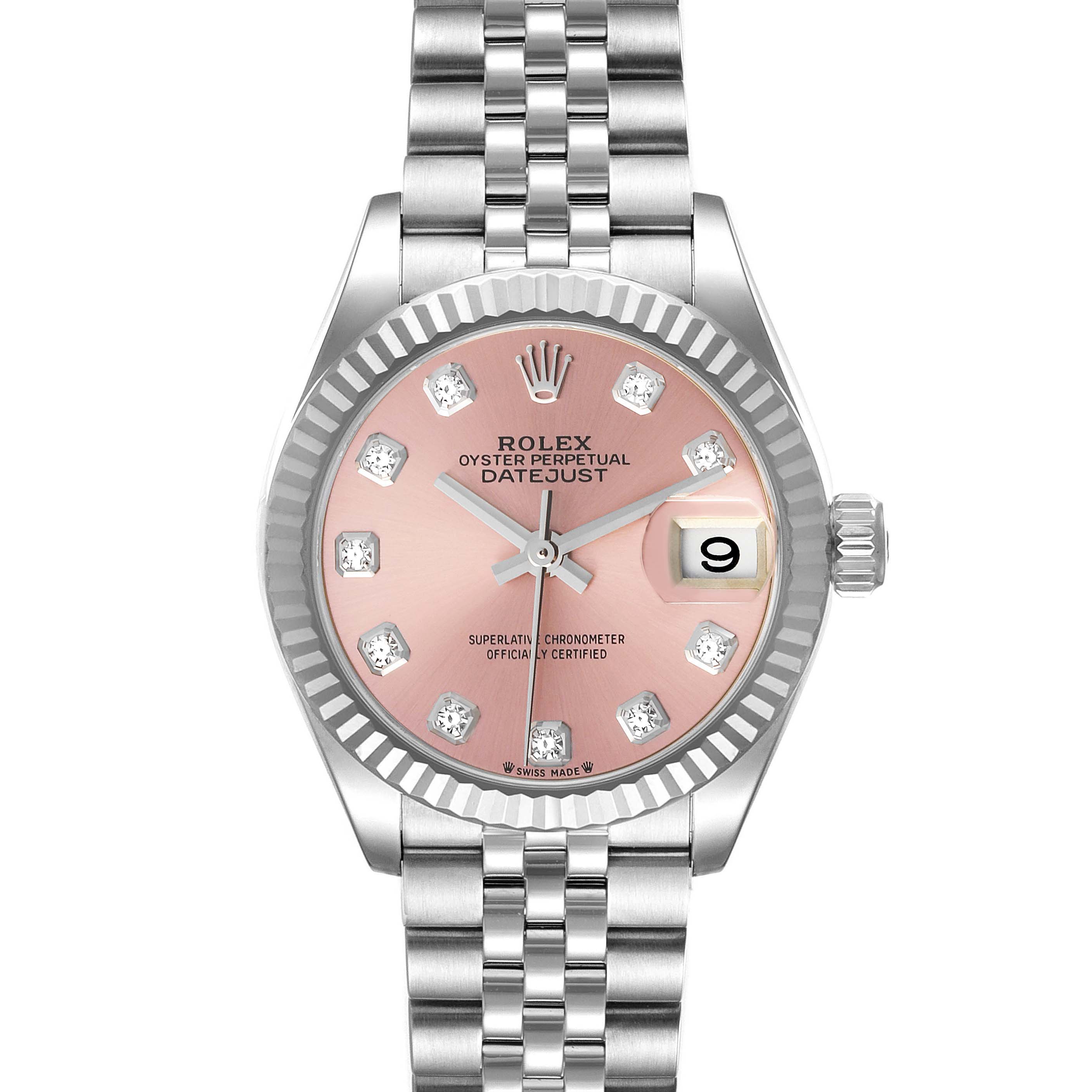 This image shows a front view of a Rolex Datejust 279174 Women's Stainless Steel Pink Dial 279174 Women's Stainless Steel Pink Dial watch featuring a pink dial with diamond hour markers and a Jubilee bracelet.