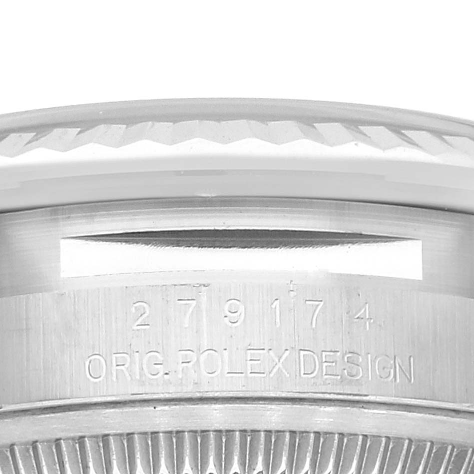 The image shows a close-up of the side case with the engraved serial number and "ORIG. ROLEX DESIGN" text of a Rolex Datejust 279174 Women's Stainless Steel Pink Dial 279174 Women's Stainless Steel Pink Dial watch.