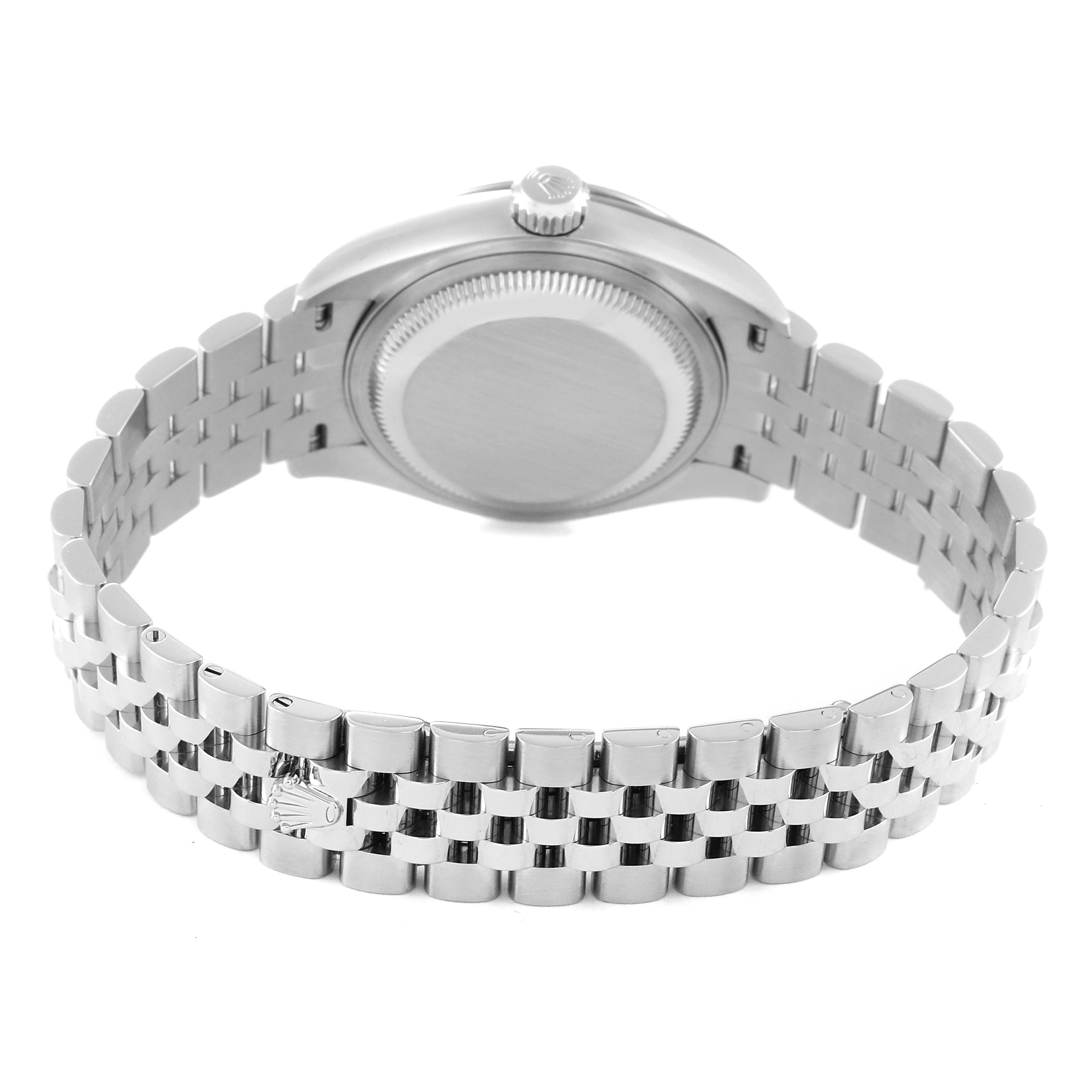 The image shows the back view of a Rolex Datejust 279174 Women's Stainless Steel Pink Dial 279174 Women's Stainless Steel Pink Dial watch, highlighting its bracelet and case back.