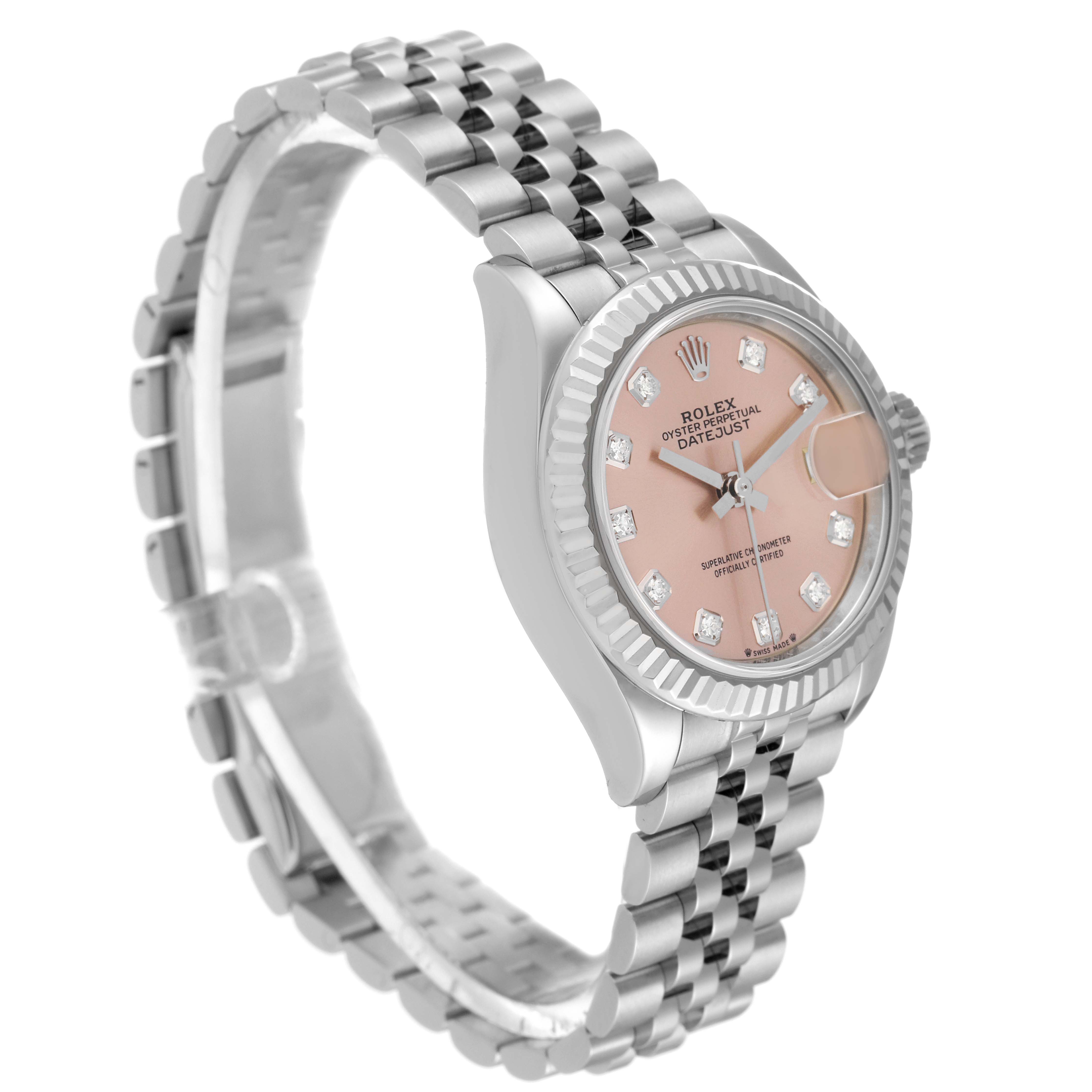 The Rolex Datejust 279174 Women's Stainless Steel Pink Dial 279174 Women's Stainless Steel Pink Dial watch is shown from a side angle, displaying the face, bezel, and stainless steel bracelet.