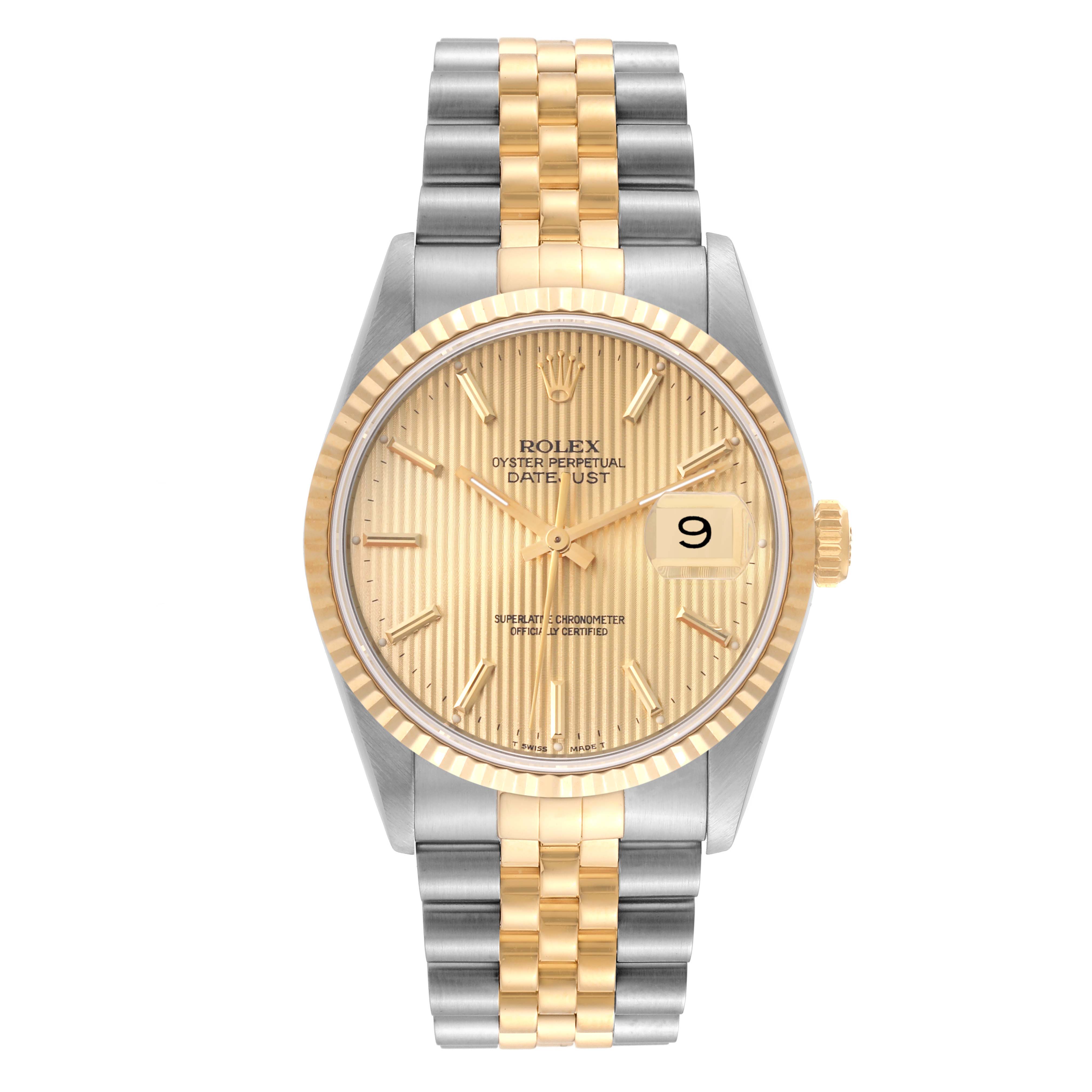 This Rolex Datejust 16233 Men's Steel and Gold (two tone) Champagne Dial 16233 Men's Steel and Gold (two tone) Champagne Dial watch is shown from a top-down angle, displaying its gold and silver bracelet, gold dial, and date window.