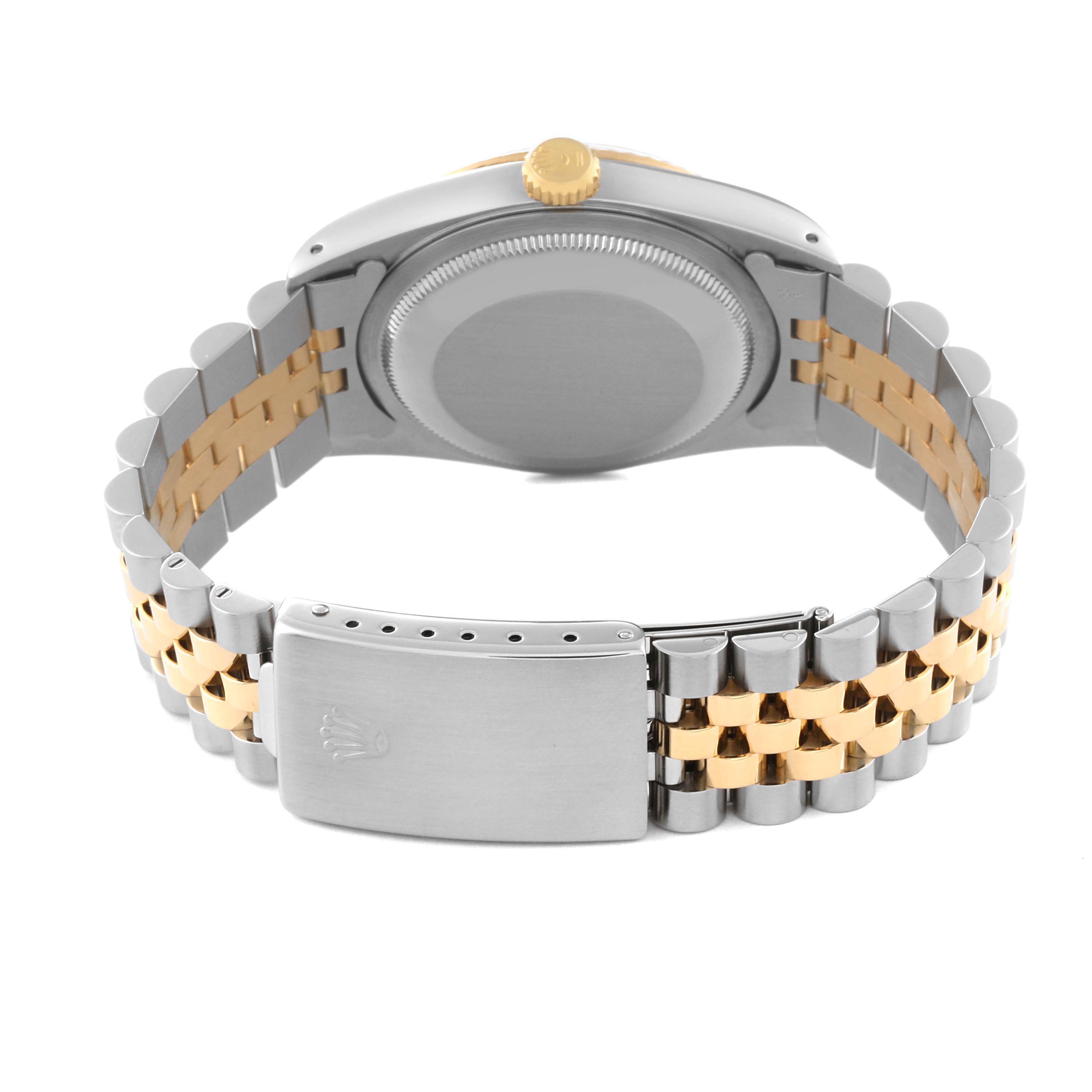 The image shows the back view of the Rolex Datejust 16233 Men's Steel and Gold (two tone) Champagne Dial 16233 Men's Steel and Gold (two tone) Champagne Dial watch, highlighting its case back, crown, and two-tone bracelet with clasp.