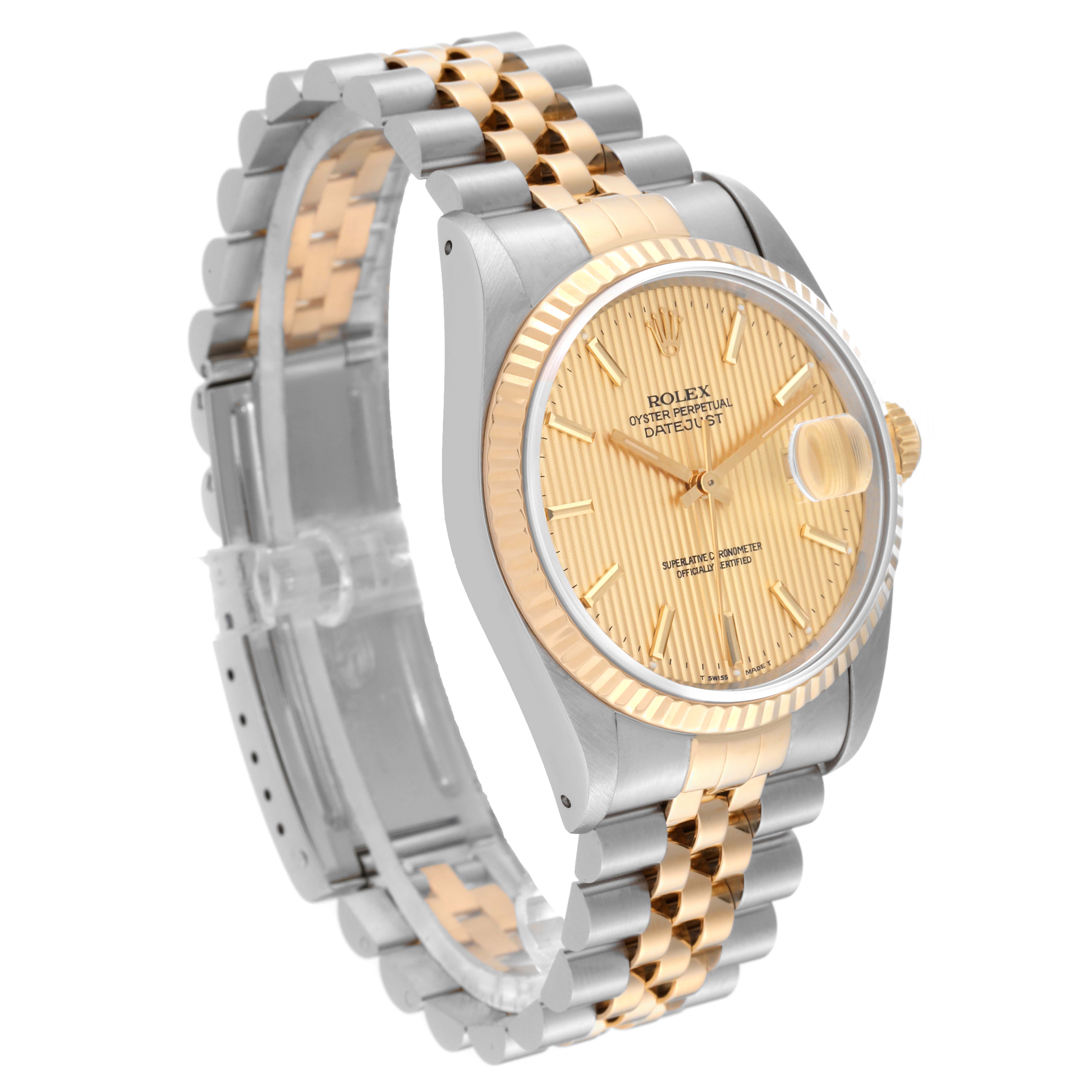 The Rolex Datejust 16233 Men's Steel and Gold (two tone) Champagne Dial 16233 Men's Steel and Gold (two tone) Champagne Dial watch is shown at a three-quarter angle, highlighting its bezel, face, and part of the bracelet.