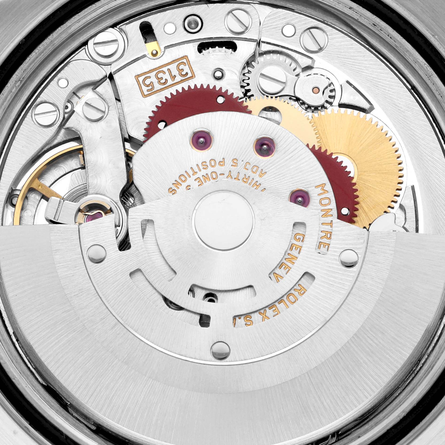 This image shows the intricate internal movement of the Rolex Datejust 16233 Men's Steel and Gold (two tone) Champagne Dial 16233 Men's Steel and Gold (two tone) Champagne Dial watch, highlighting gears and components.