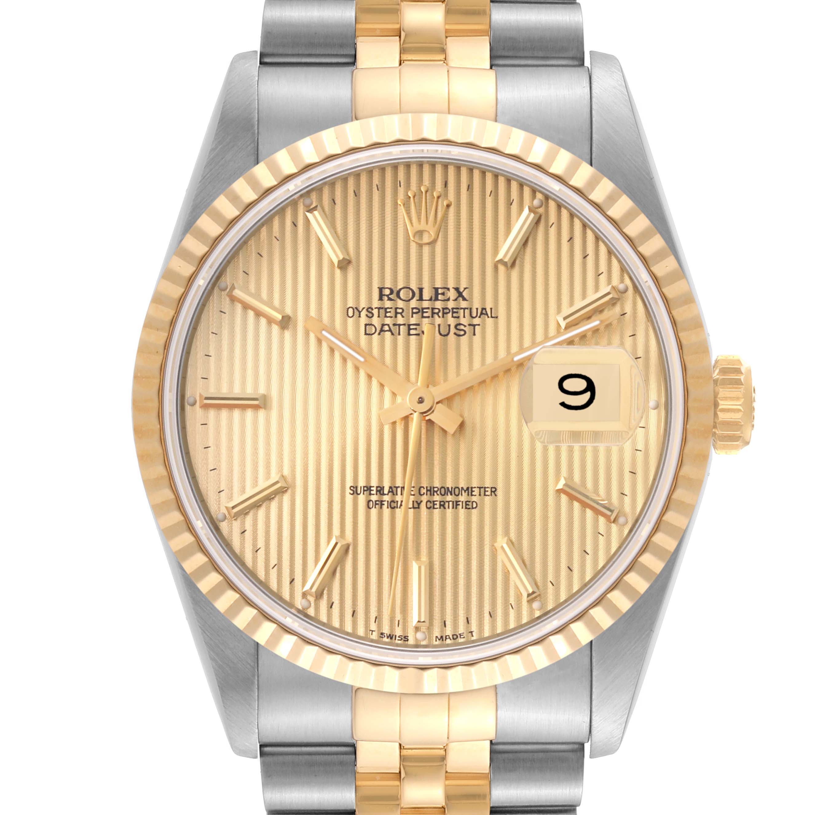 This image shows a Rolex Datejust 16233 Men's Steel and Gold (two tone) Champagne Dial 16233 Men's Steel and Gold (two tone) Champagne Dial watch front-facing, highlighting its gold dial, date window, and two-tone metal bracelet.