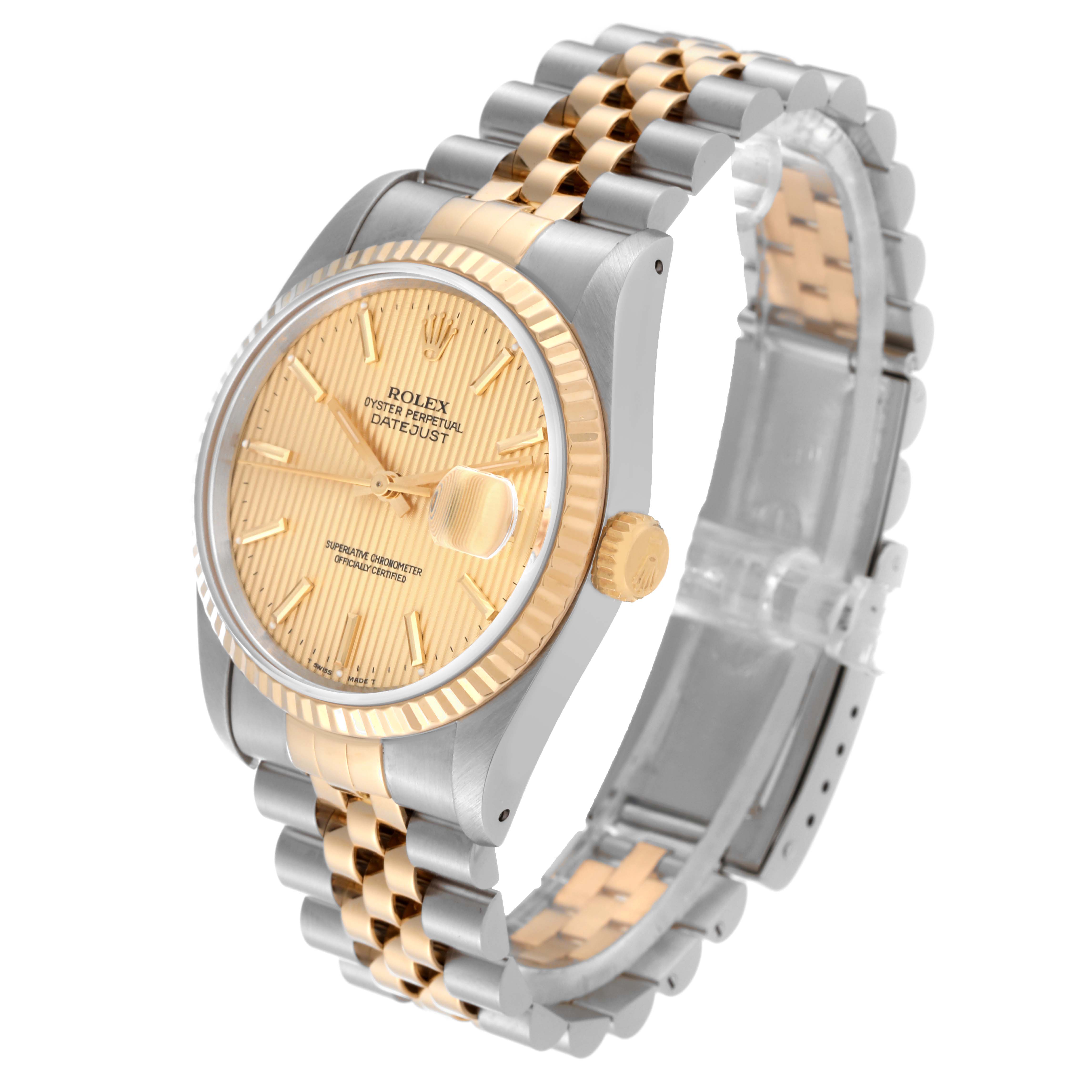 The image shows a Rolex Datejust 16233 Men's Steel and Gold (two tone) Champagne Dial 16233 Men's Steel and Gold (two tone) Champagne Dial watch at an angled view, highlighting its two-tone bracelet, fluted bezel, and champagne dial.