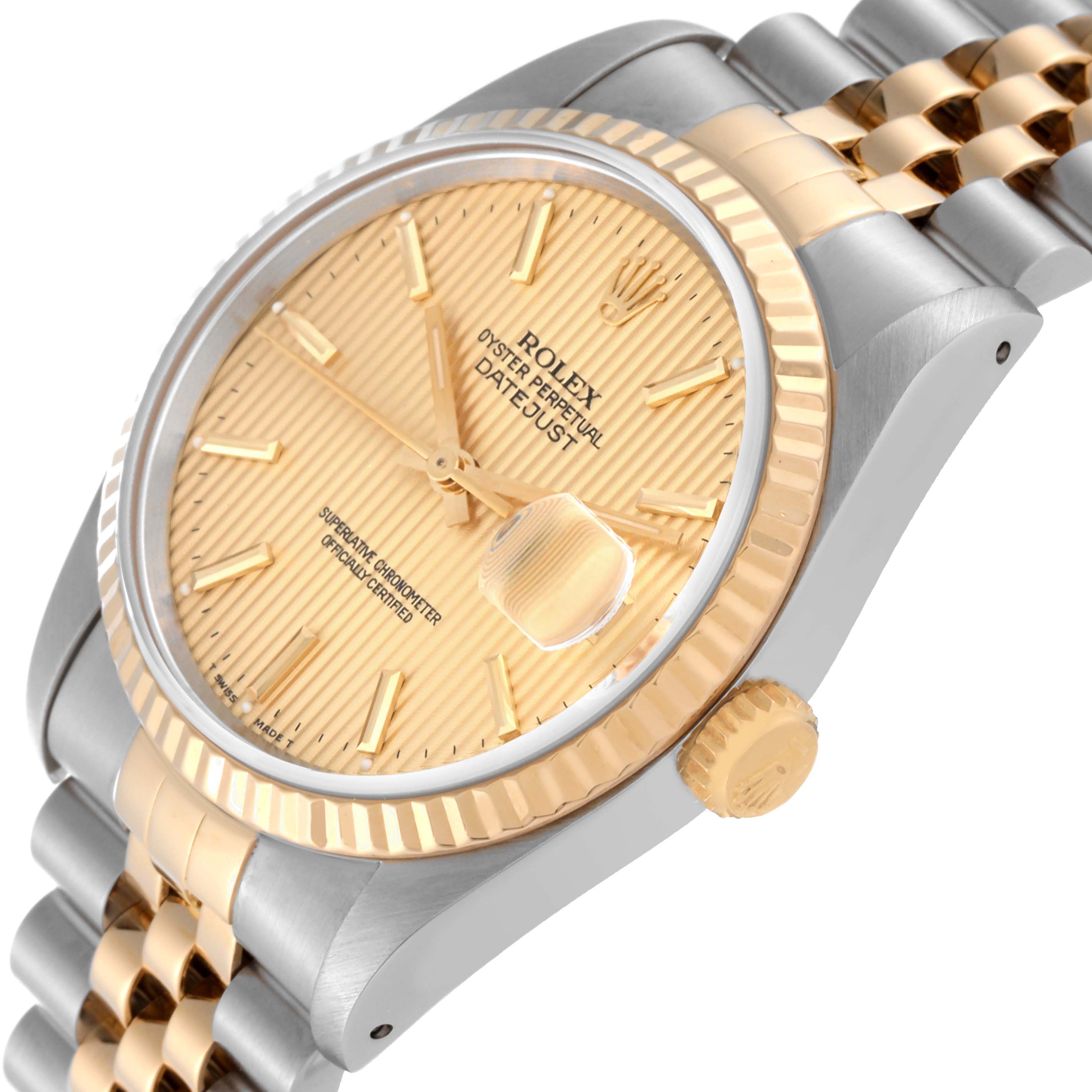 The image shows a close-up of the Rolex Datejust 16233 Men's Steel and Gold (two tone) Champagne Dial 16233 Men's Steel and Gold (two tone) Champagne Dial watch at an oblique angle, highlighting the dial, bezel, and part of the bracelet.