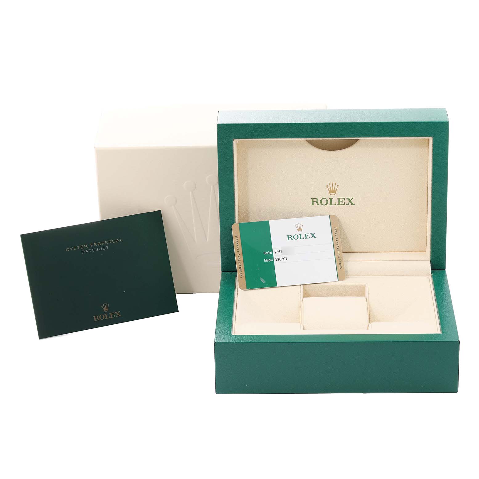 The image shows the box and accessories for a Rolex Datejust 41 126301 Men
s Steel and Gold (two tone) Pink Dial 126301 Men
s Steel and Gold (two tone) Pink Dial, including the warranty card and manual booklet.