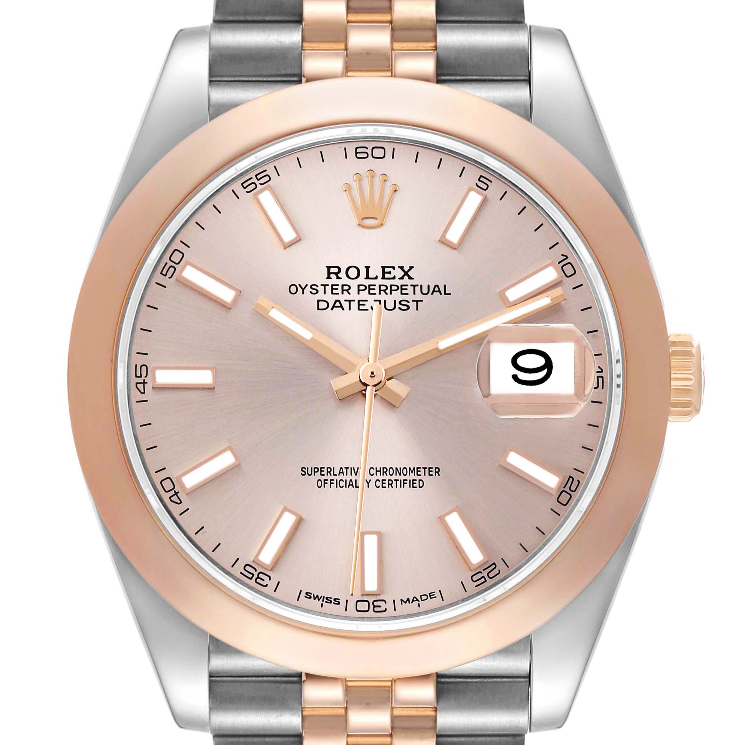 This image shows a front view of the Rolex Datejust 41 126301 Men
s Steel and Gold (two tone) Pink Dial, highlighting the dial, bezel, crown, and part of the bracelet.