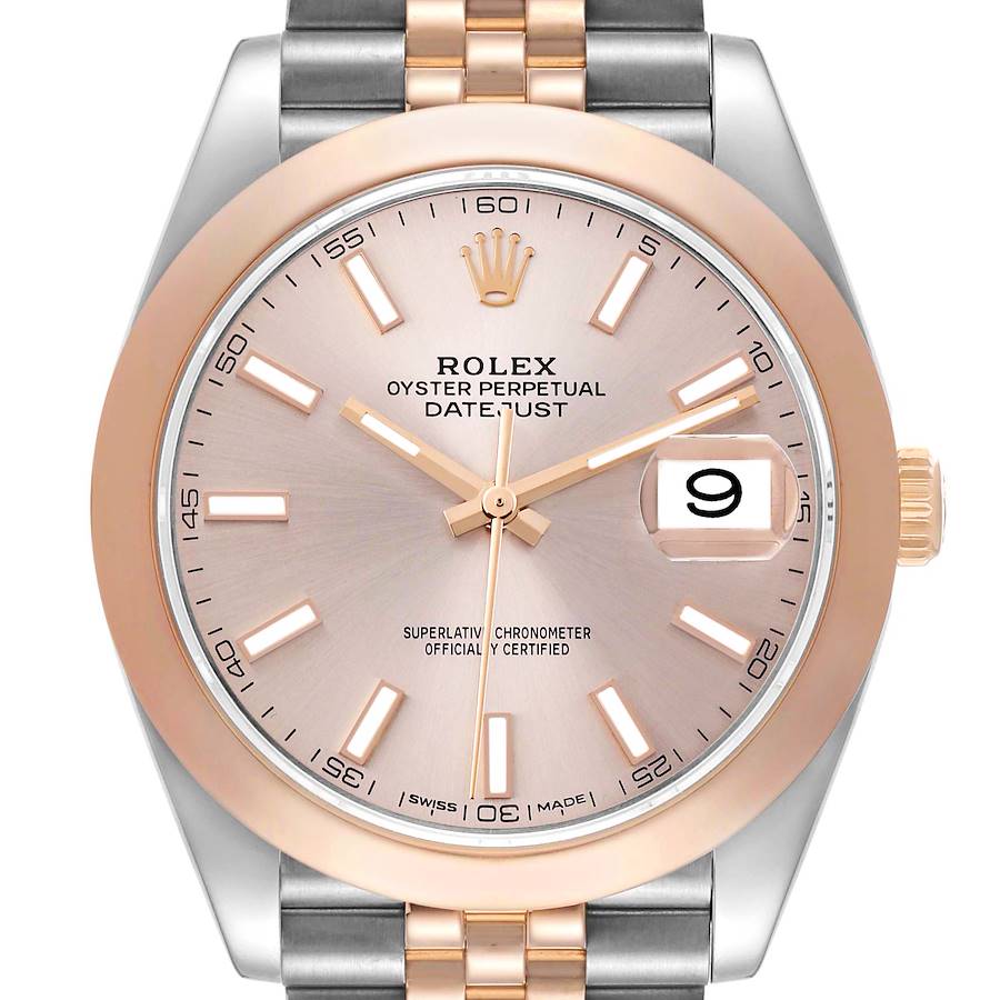 This image shows a front view of the Rolex Datejust 41 126301 Men's Steel and Gold (two tone) Pink Dial, highlighting the dial, bezel, crown, and part of the bracelet.