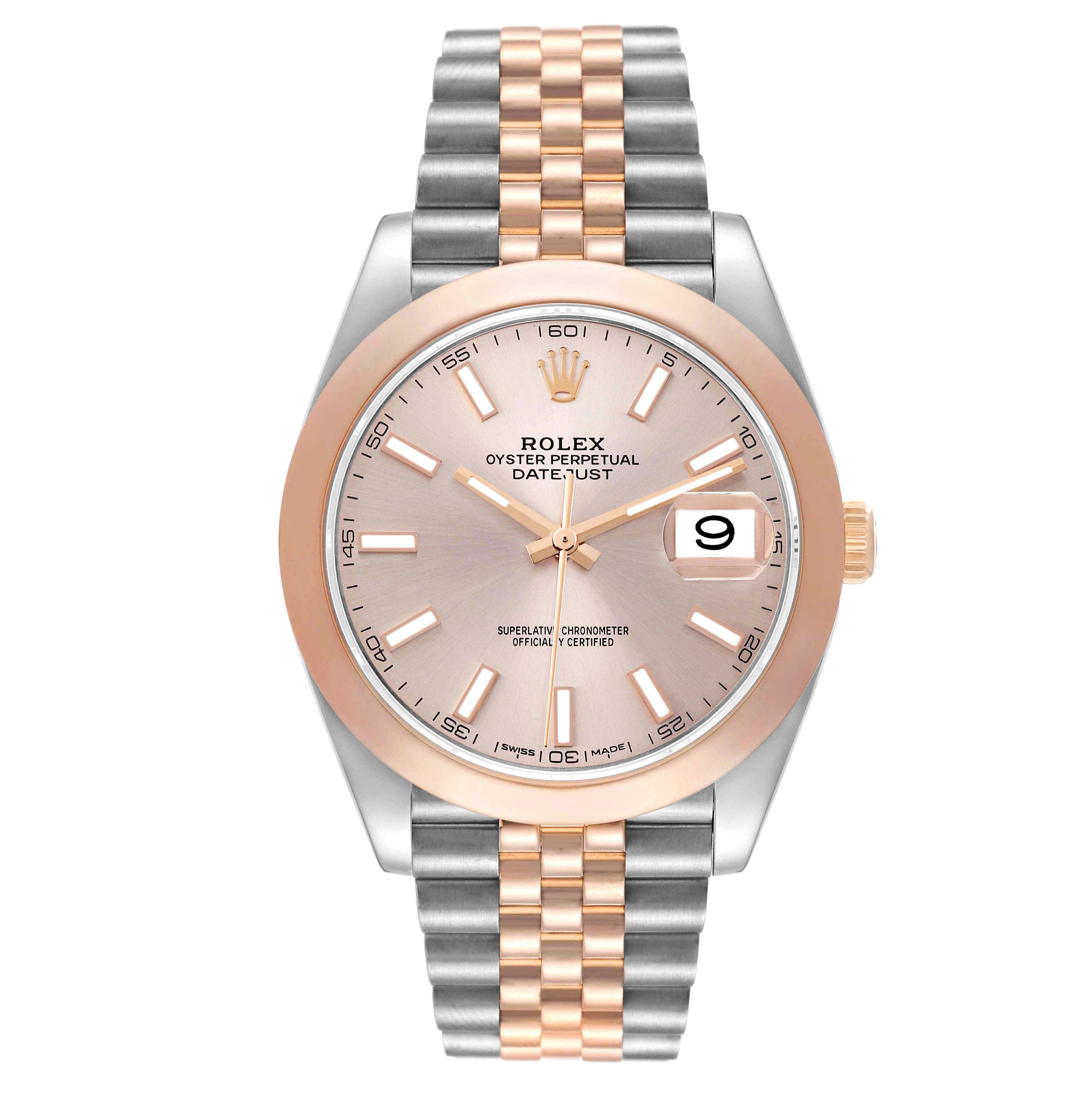 The Rolex Datejust 41 126301 Men
s Steel and Gold (two tone) Pink Dial is shown from a front angle, highlighting the dial, bezel, and two-tone bracelet.