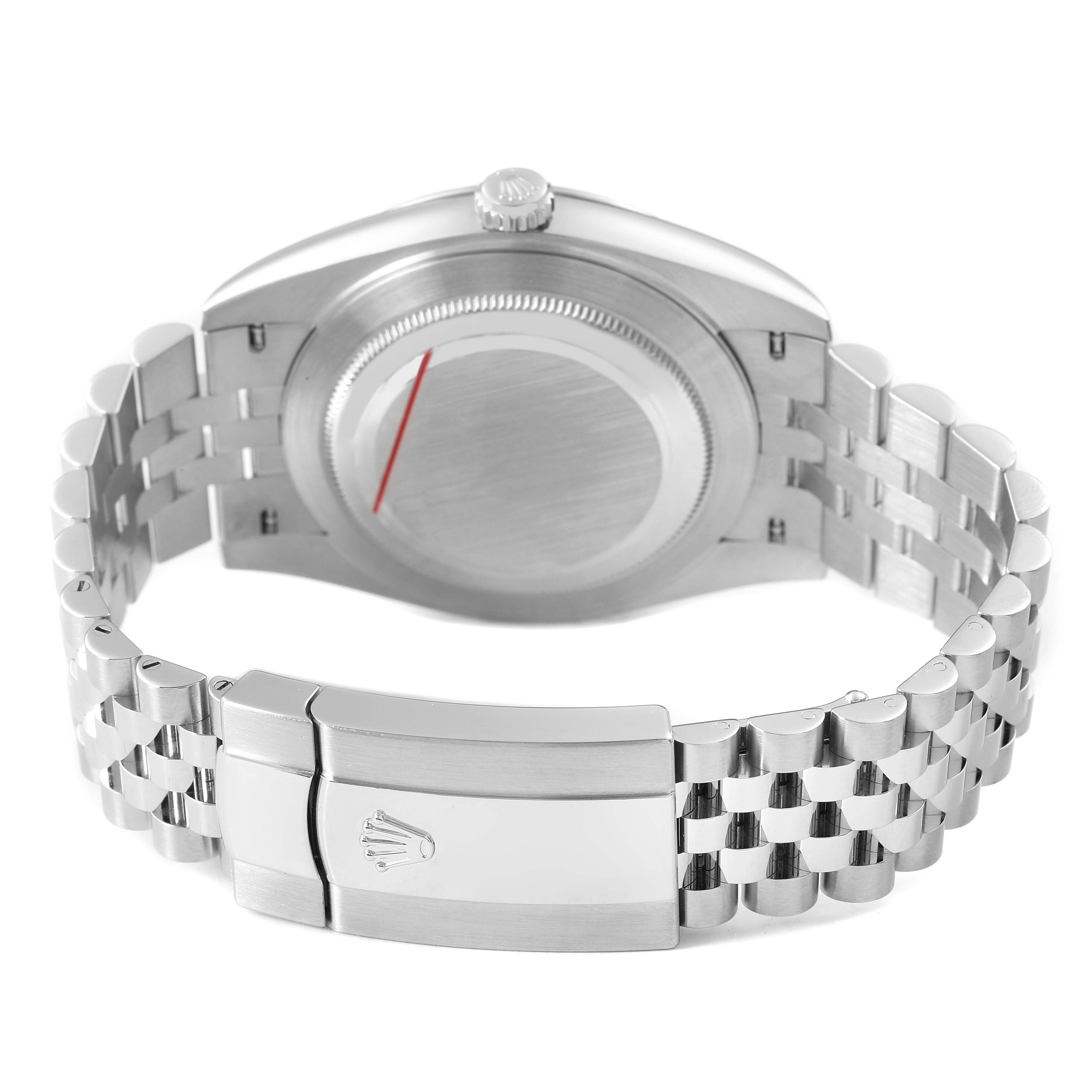 The image shows the back view of a Rolex Datejust 41 M126334-0024 Men's Stainless Steel White Dial, highlighting its stainless steel case and Jubilee bracelet.